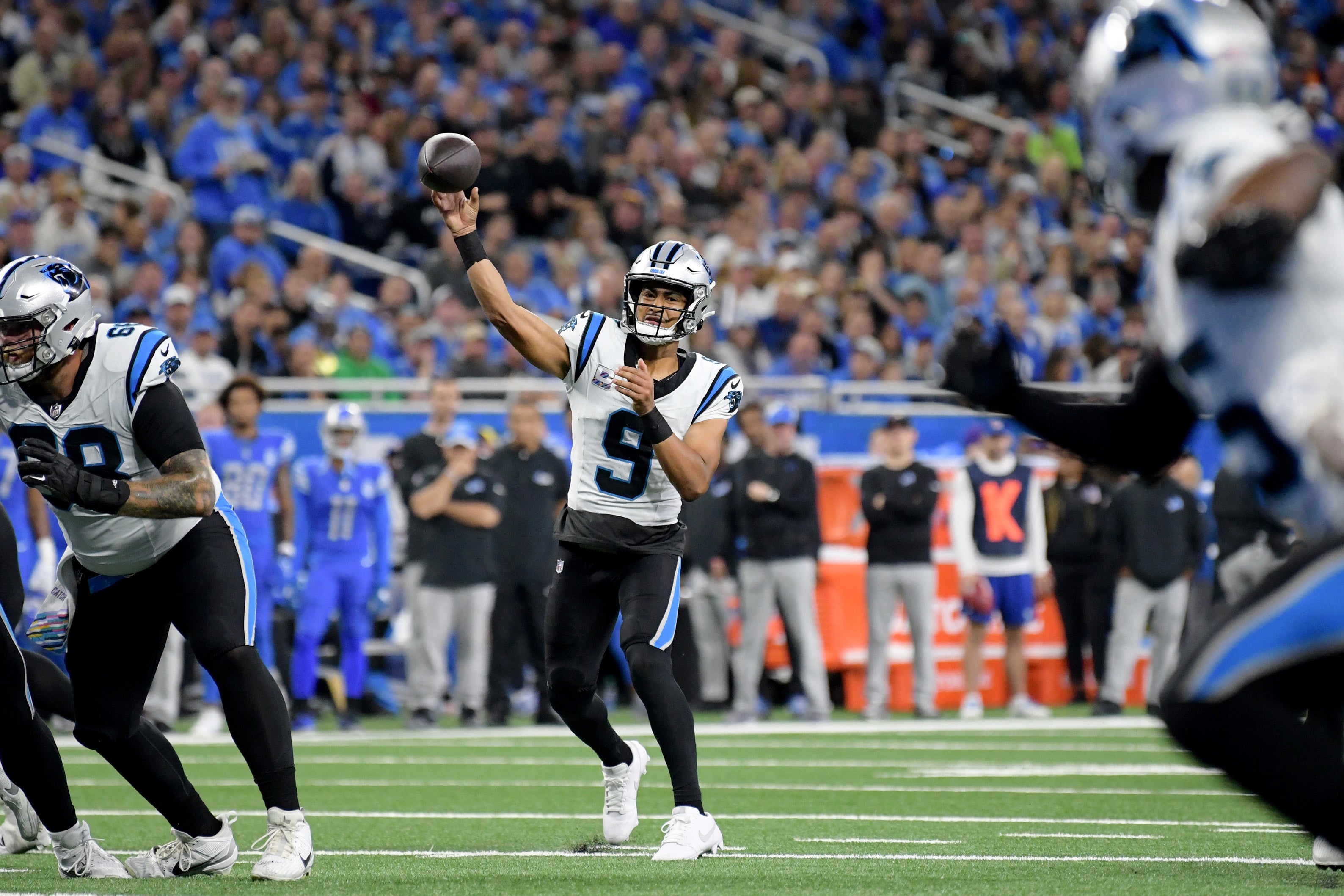 Oct 8, 2023; Detroit, Michigan, USA; Carolina Panthers quarterback Bryce Young (9) throws a touchdown pass to tight end Tommy Tremble (82) (not pictured) against the Detroit Lions in the second quarter at Ford Field. Mandatory Credit: Lon Horwedel-USA TODAY Sports