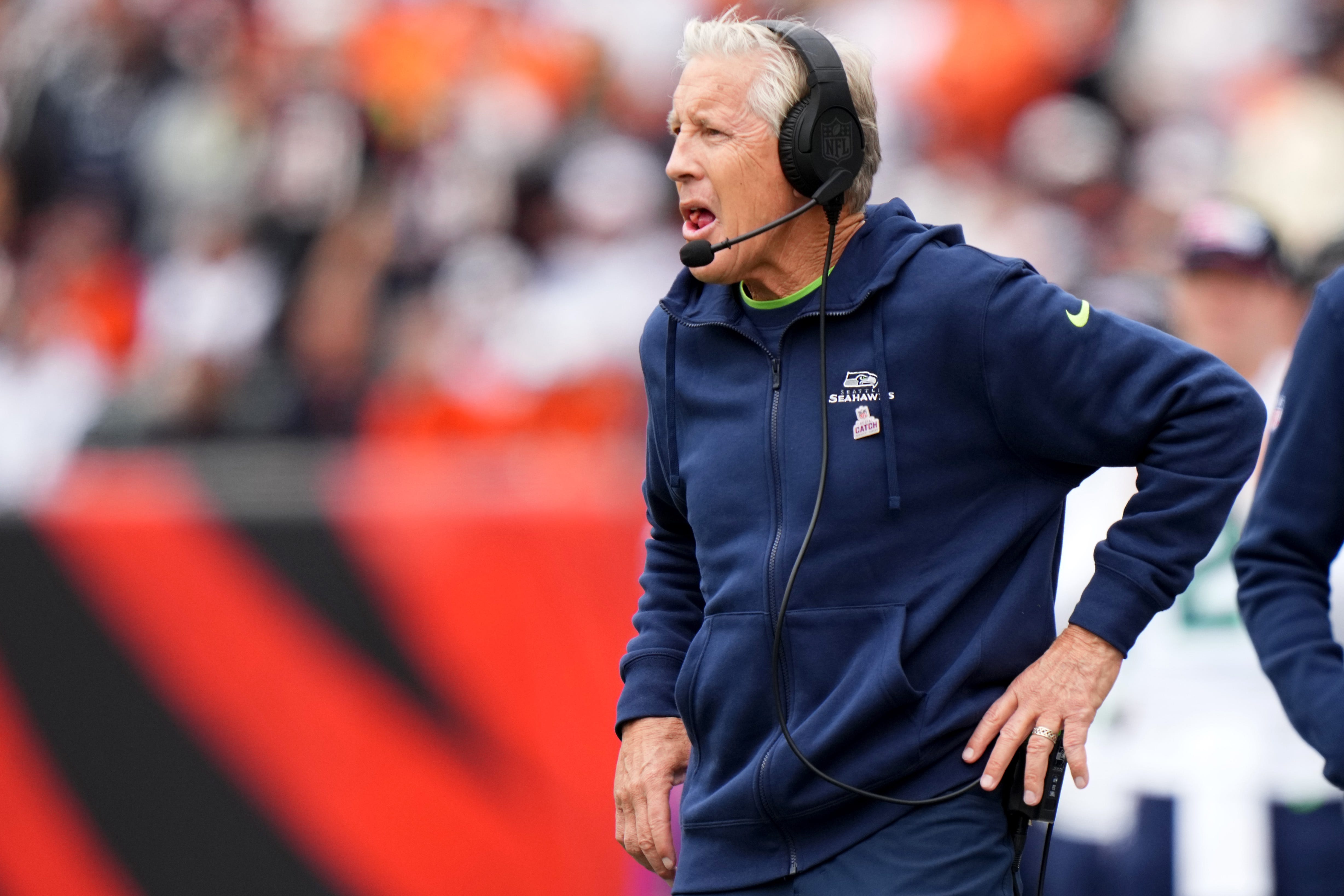 Seattle Seahawks head coach Pete Carroll paces the sideline in the first quarter during an NFL football game between the Seattle Seahawks and the Cincinnati Bengals Sunday, Oct. 15, 2023, at Paycor Stadium in Cincinnati.