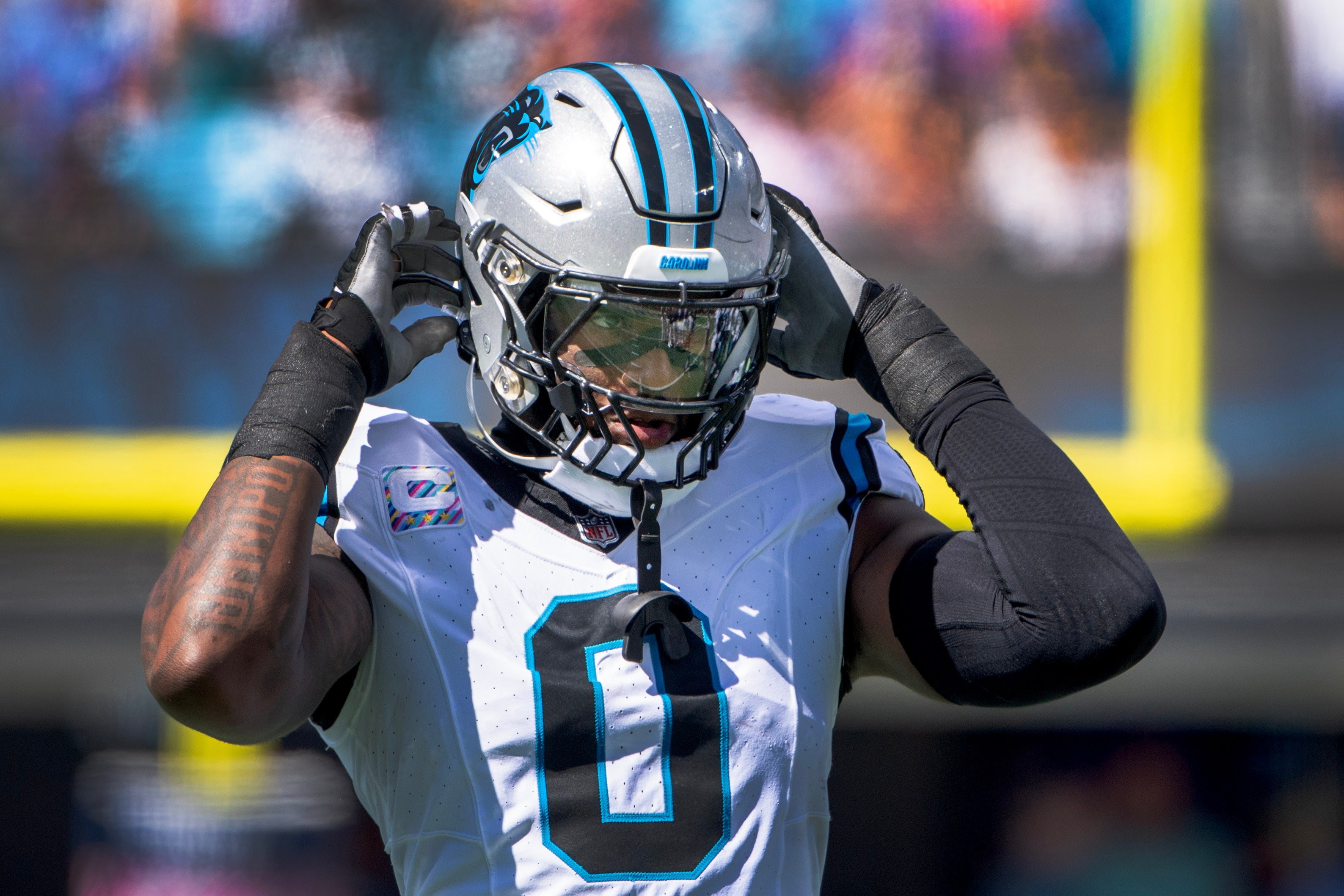 Oct 1, 2023; Charlotte, North Carolina, USA; Carolina Panthers linebacker Brian Burns (0) in the second quarter at Bank of America Stadium. Mandatory Credit: Bob Donnan-USA TODAY Sports