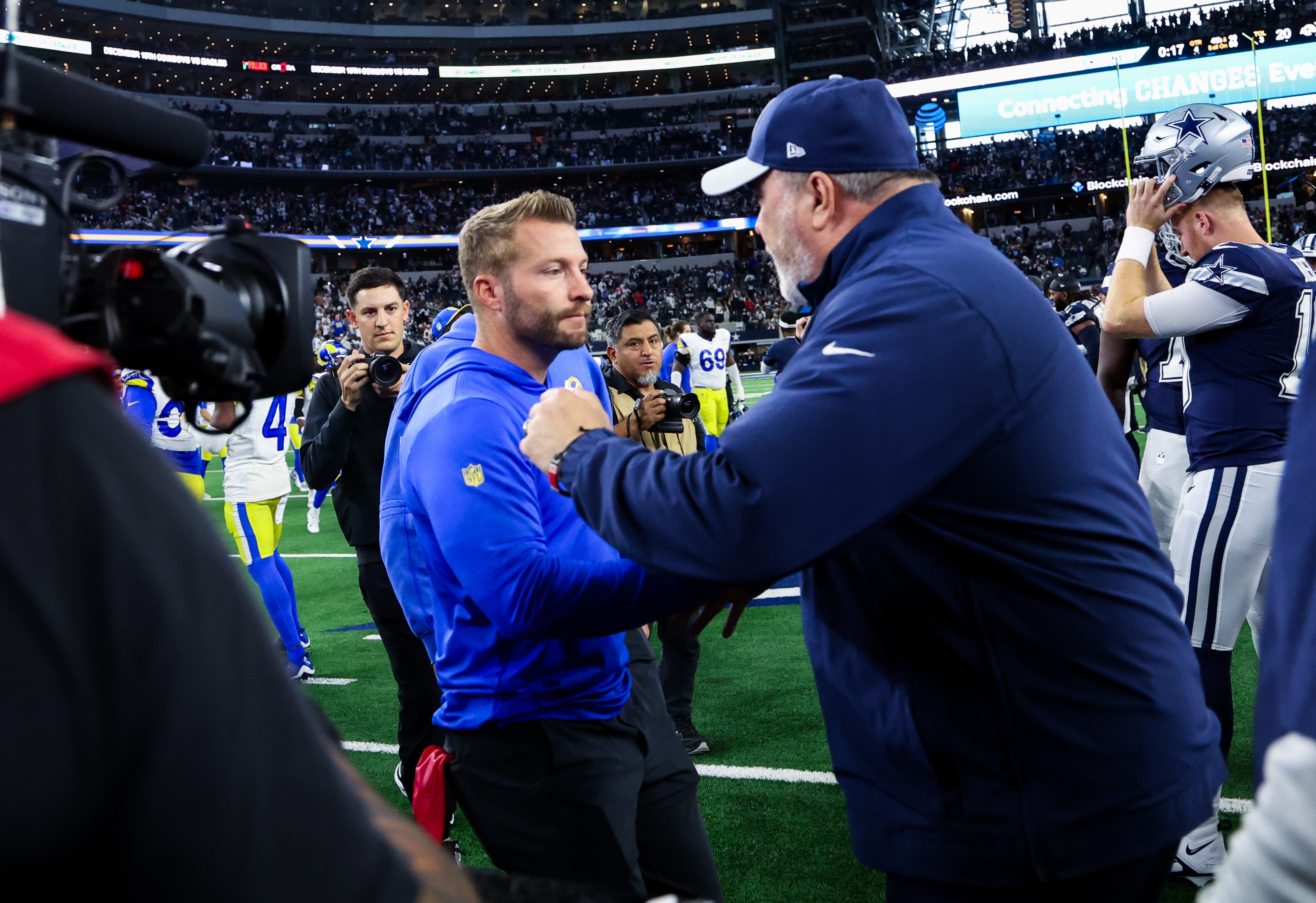 Los Angeles Rams head coach Sean McVay greets Dallas Cowboys head coach Mike McCarthy after the game at AT&T Stadium. Mandatory Credit: Kevin Jairaj-USA TODAY Sports
