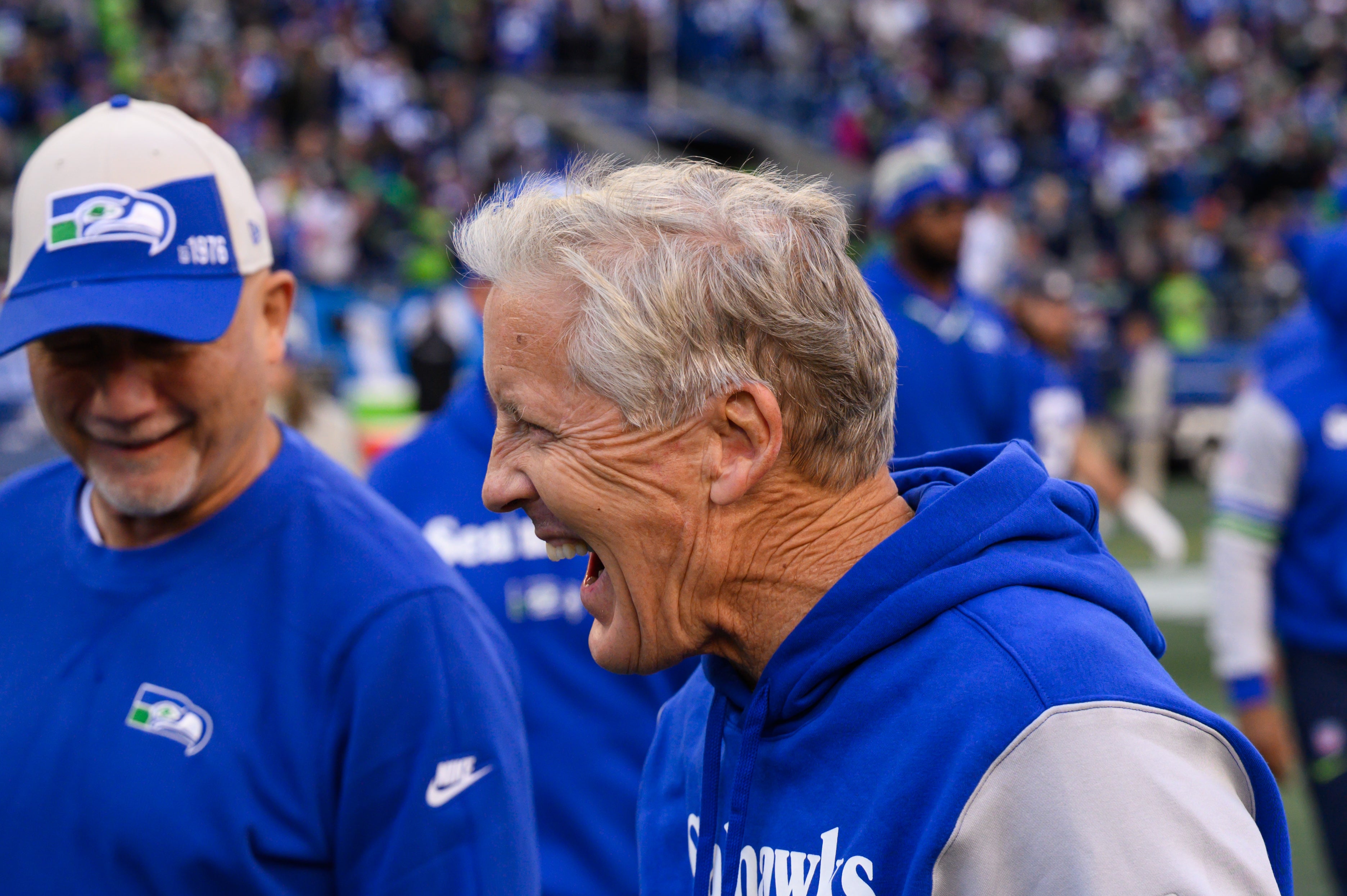 Oct 29, 2023; Seattle, Washington, USA; Seattle Seahawks head coach Pete Carroll walks off the field after the Seahawks defeated the Cleveland Browns at Lumen Field. Mandatory Credit: Steven Bisig-USA TODAY Sports