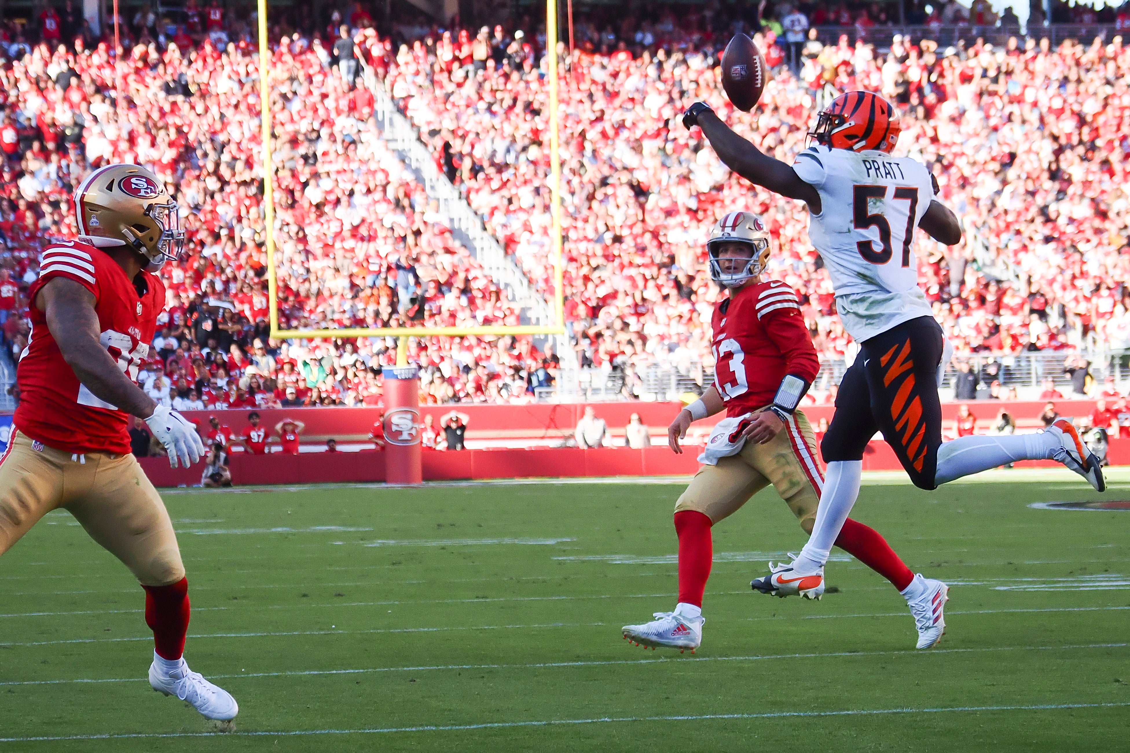Oct 29, 2023; Santa Clara, California, USA; Cincinnati Bengals linebacker Germaine Pratt (57) intercepts the pass by San Francisco 49ers quarterback Brock Purdy (13) during the third quarter at Levi's Stadium.
