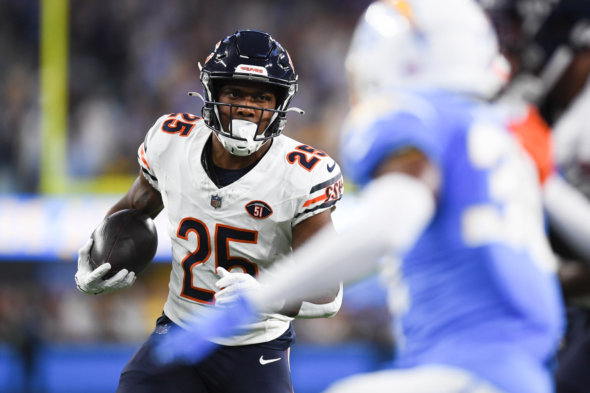 Oct 29, 2023; Inglewood, California, USA; Chicago Bears running back Darrynton Evans (25) runs into the end zone for a touchdown against the Chicago Bears during second quarter at SoFi Stadium.