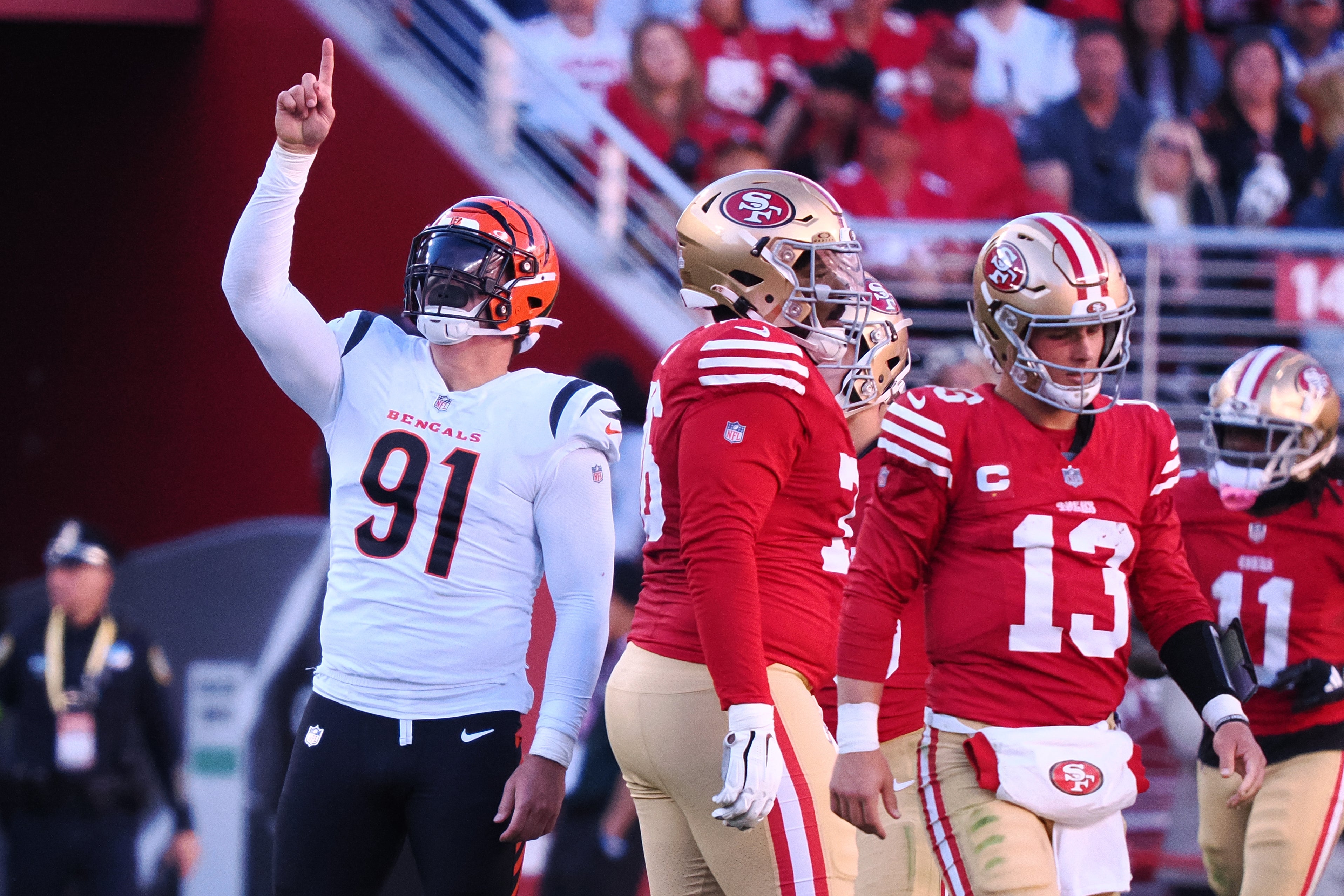 Oct 29, 2023; Santa Clara, California, USA; Cincinnati Bengals defensive end Trey Hendrickson (91) gestures after making a sack against San Francisco 49ers quarterback Brock Purdy (13) during the fourth quarter at Levi's Stadium.