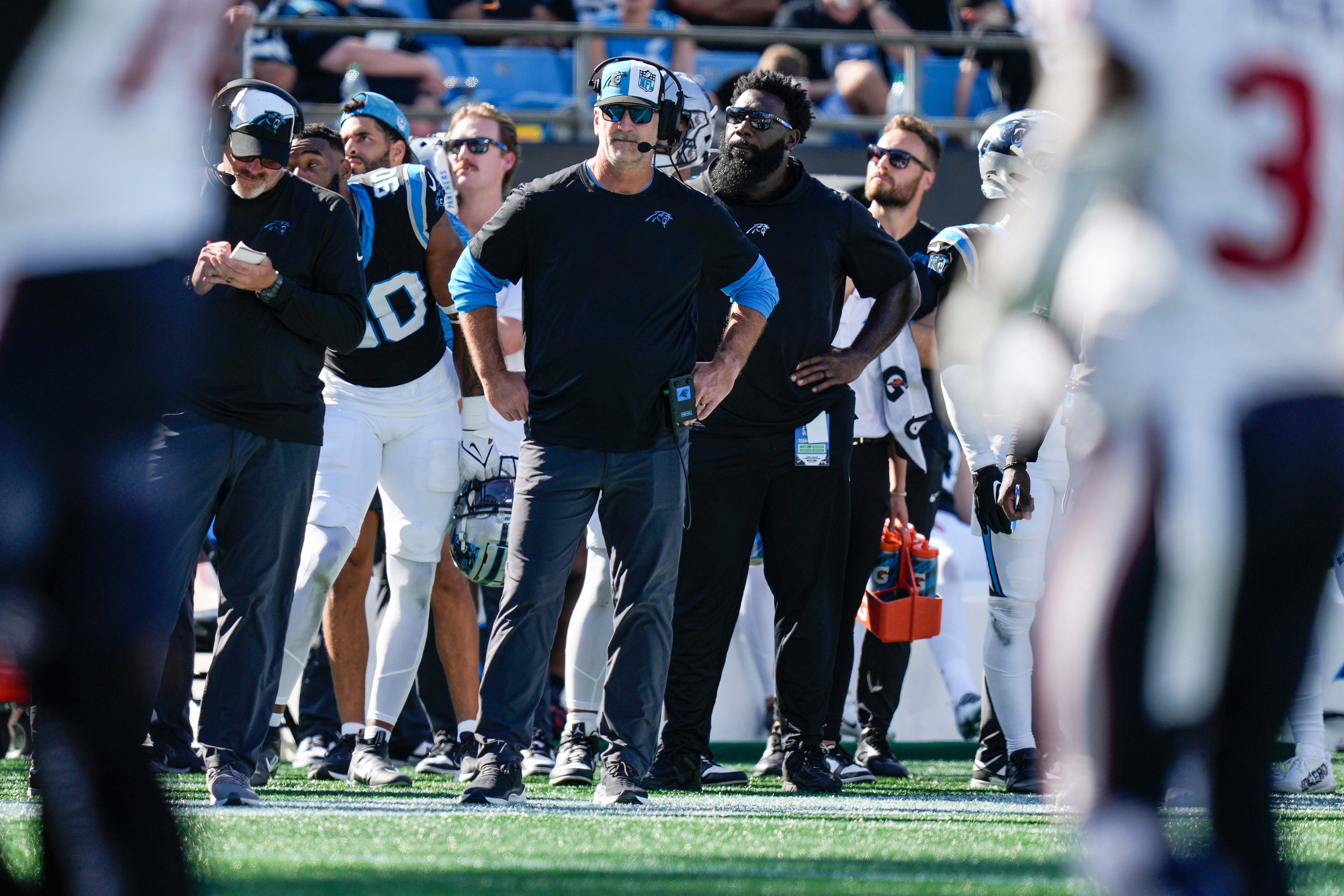 Oct 29, 2023; Charlotte, North Carolina, USA; Carolina Panthers Head Coach Frank Reich watches his red zone offense during the second half against the Houston Texans at Bank of America Stadium. Mandatory Credit: Jim Dedmon-USA TODAY Sports
