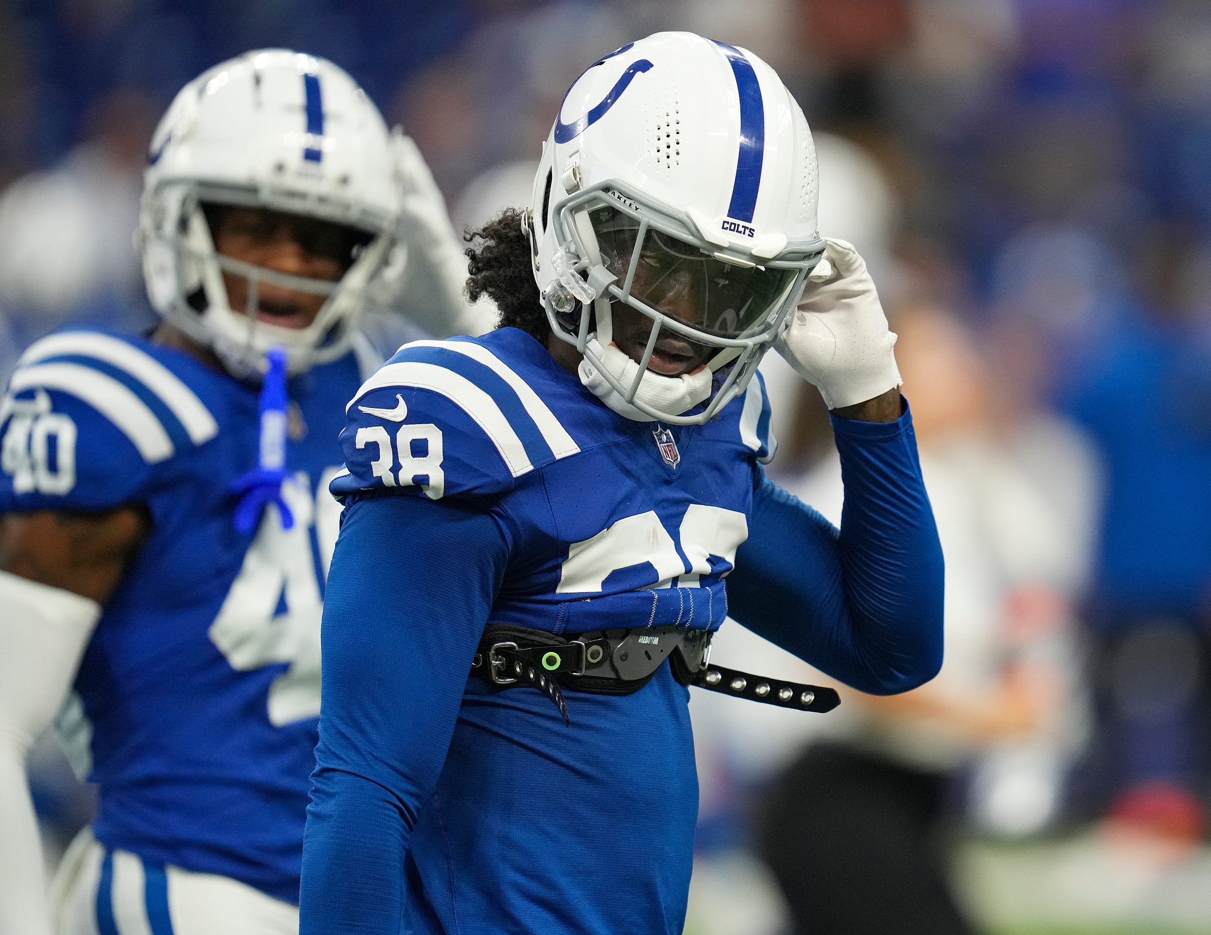 Indianapolis Colts cornerback Tony Brown (38) adjusts his helmet before facing the Los Angeles Rams on Sunday, Oct. 1, 2023, in Indianapolis.