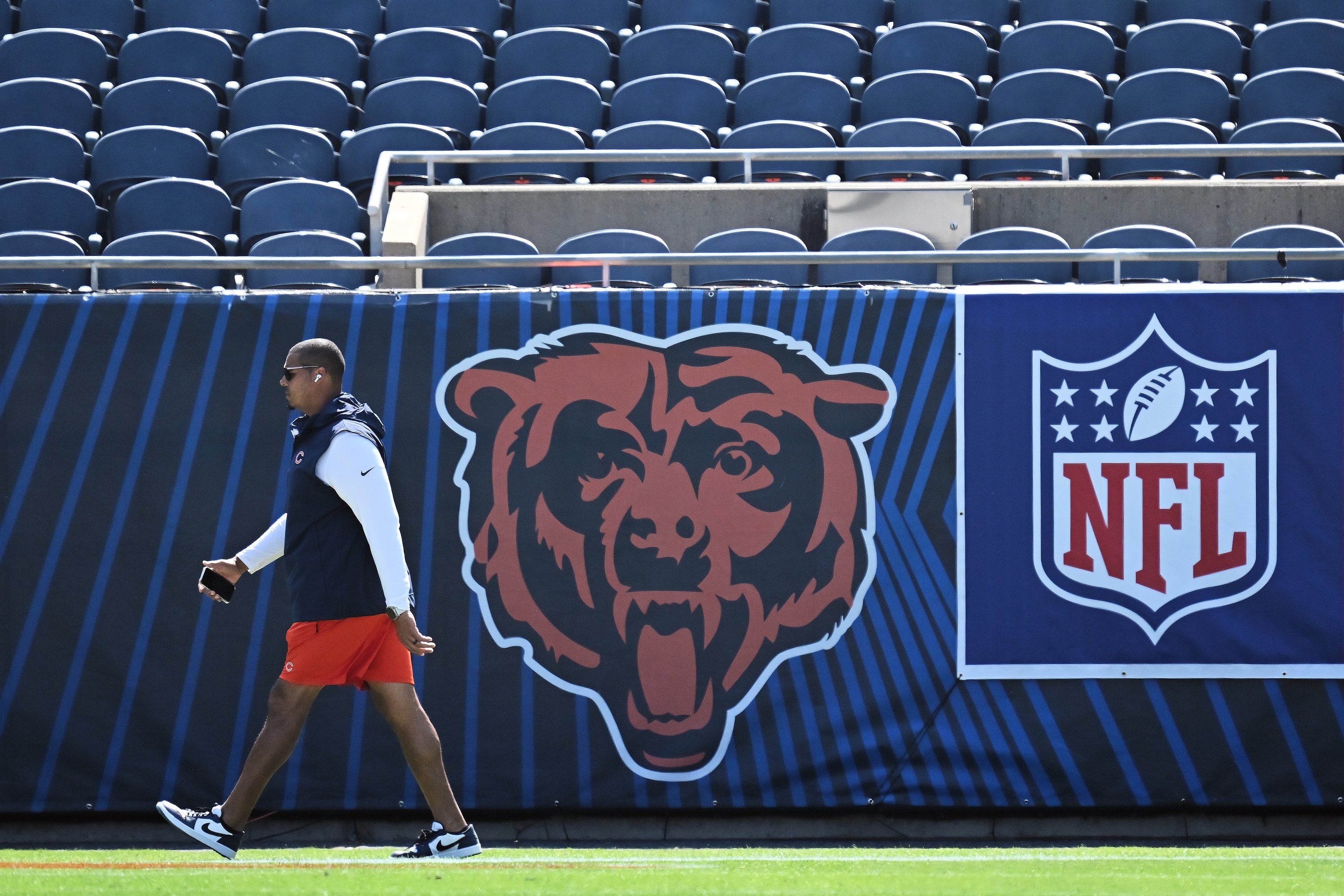 Sep 10, 2023; Chicago, Illinois, USA; Chicago Bears general manager Ryan Poles walks laps around the field before their game against the Green Bay Packers at Soldier Field.
