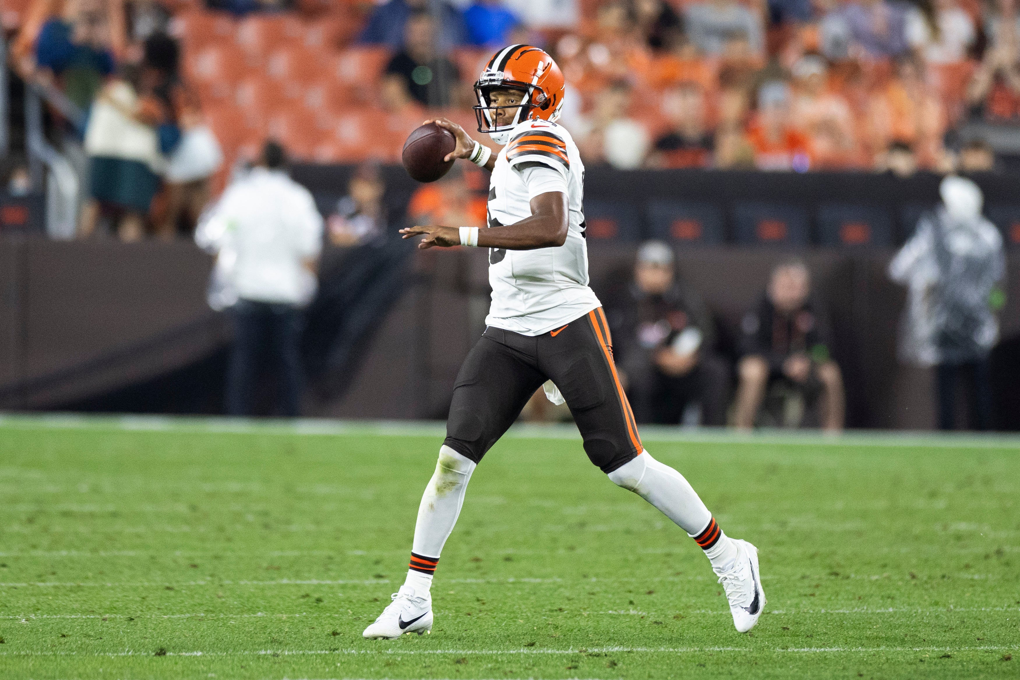 Aug 11, 2023; Cleveland, Ohio, USA; Cleveland Browns quarterback Joshua Dobbs (15) throws the ball against the Washington Commanders during the second quarter at Cleveland Browns Stadium. Mandatory Credit: Scott Galvin-USA TODAY Sports