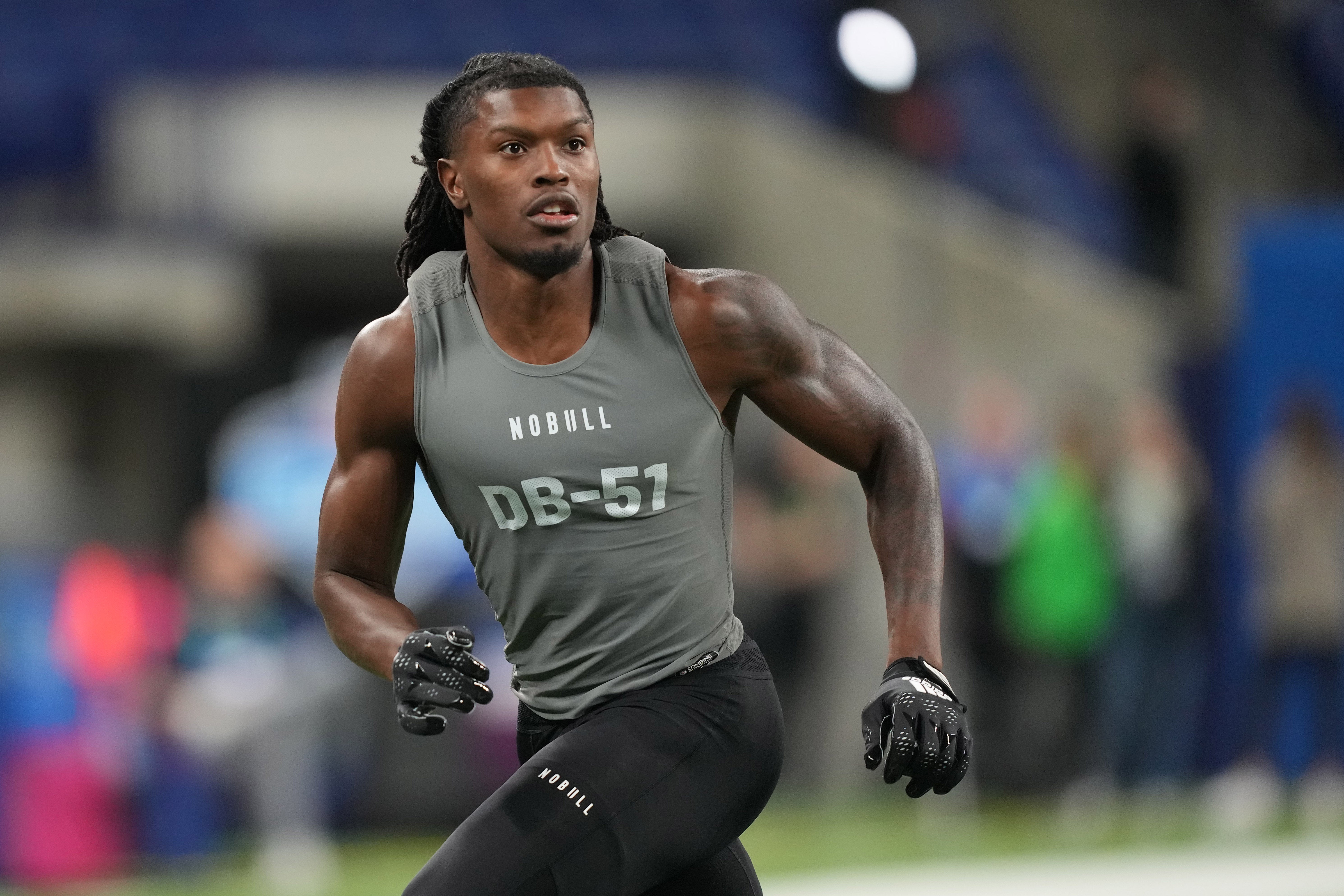 Mar 3, 2023; Indianapolis, IN, USA; Boise State defensive back Tyreque Jones (DB51) participates in drills at Lucas Oil Stadium.