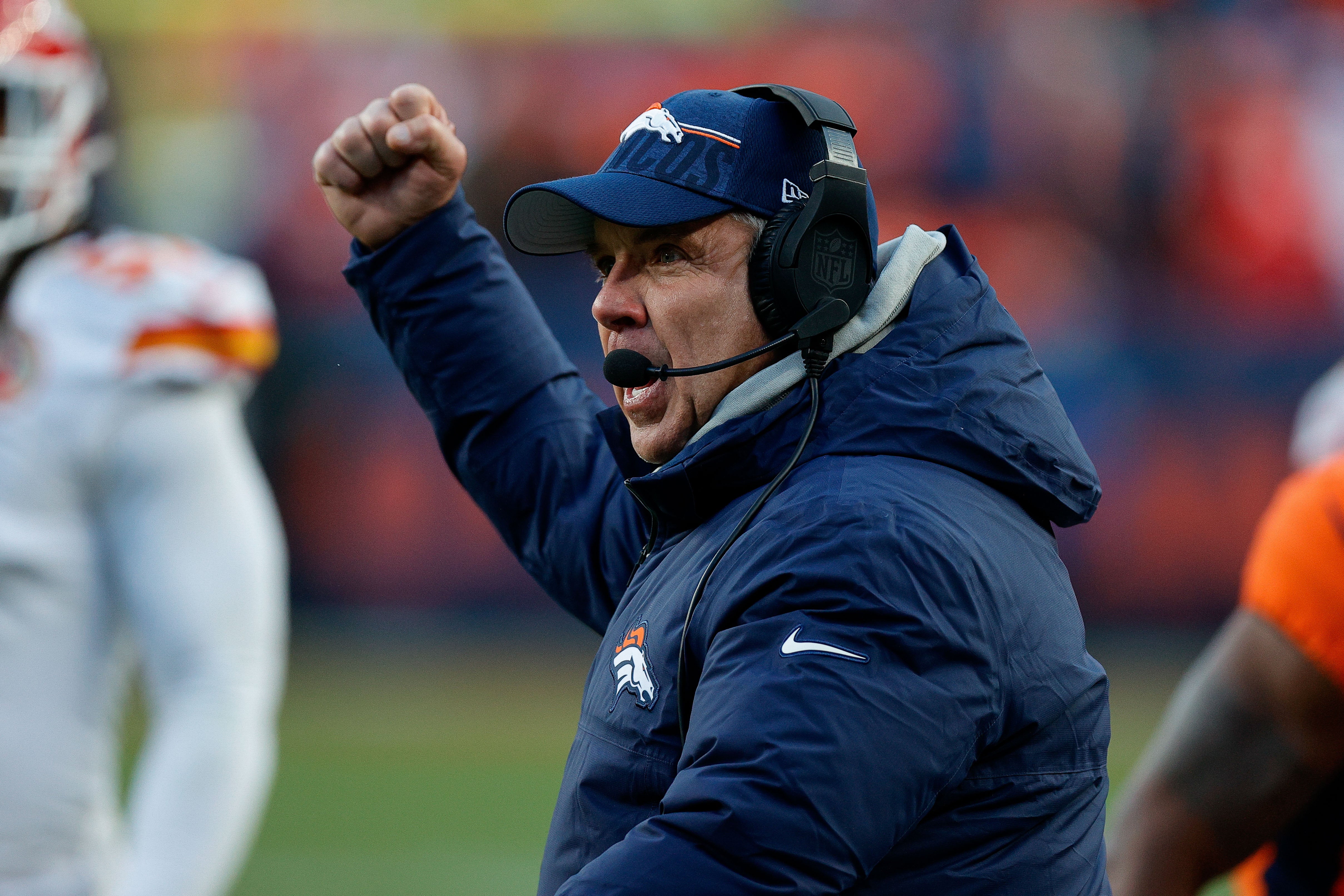 Denver Broncos head coach Sean Payton celebrating on the sideline during the team's win over the Kansas City Chiefs