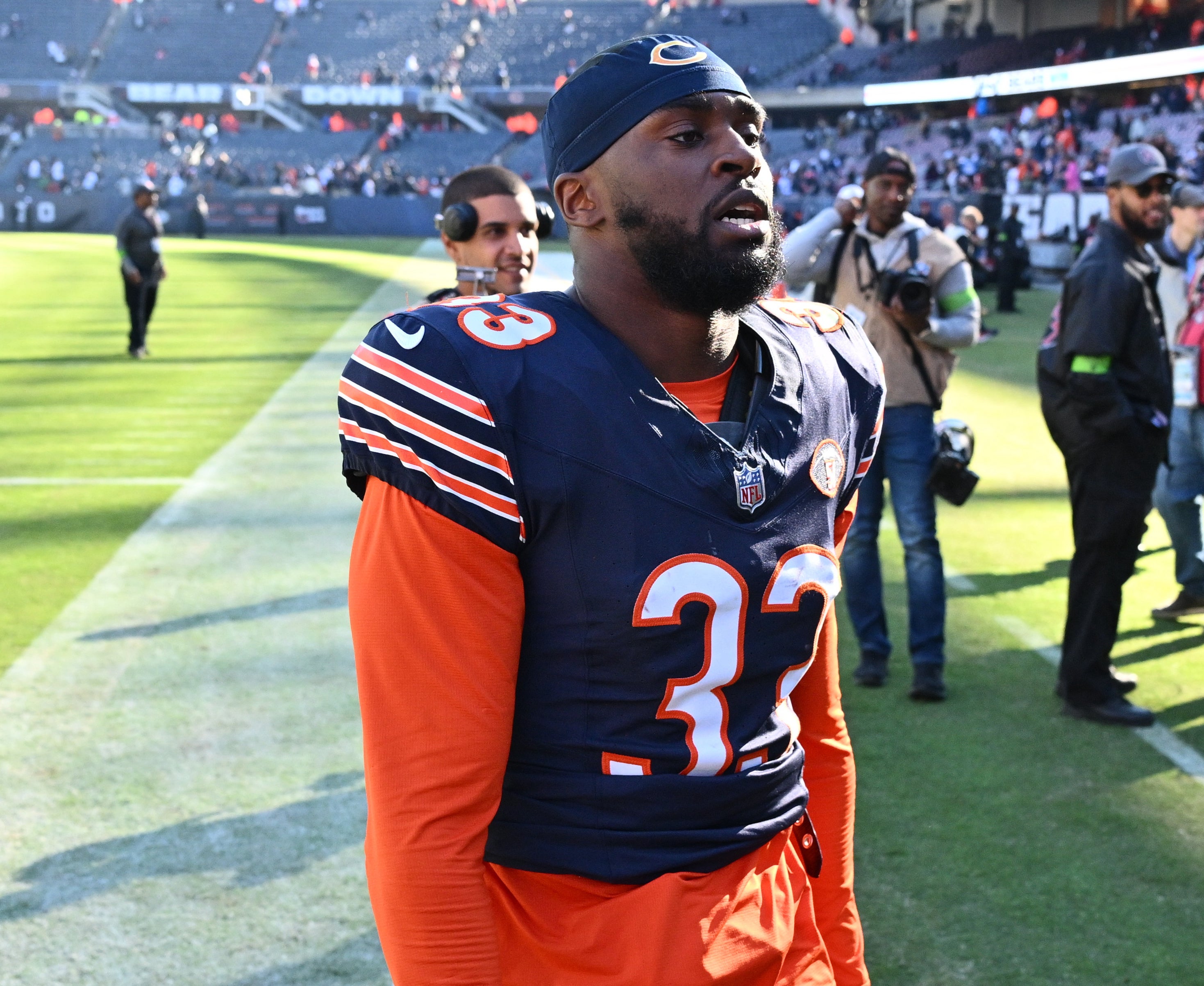 Oct 22, 2023; Chicago, Illinois, USA; Chicago Bears defensive back Jaylon Johnson (33) leaves the field after a win over the Las Vegas Raiders at Soldier Field.