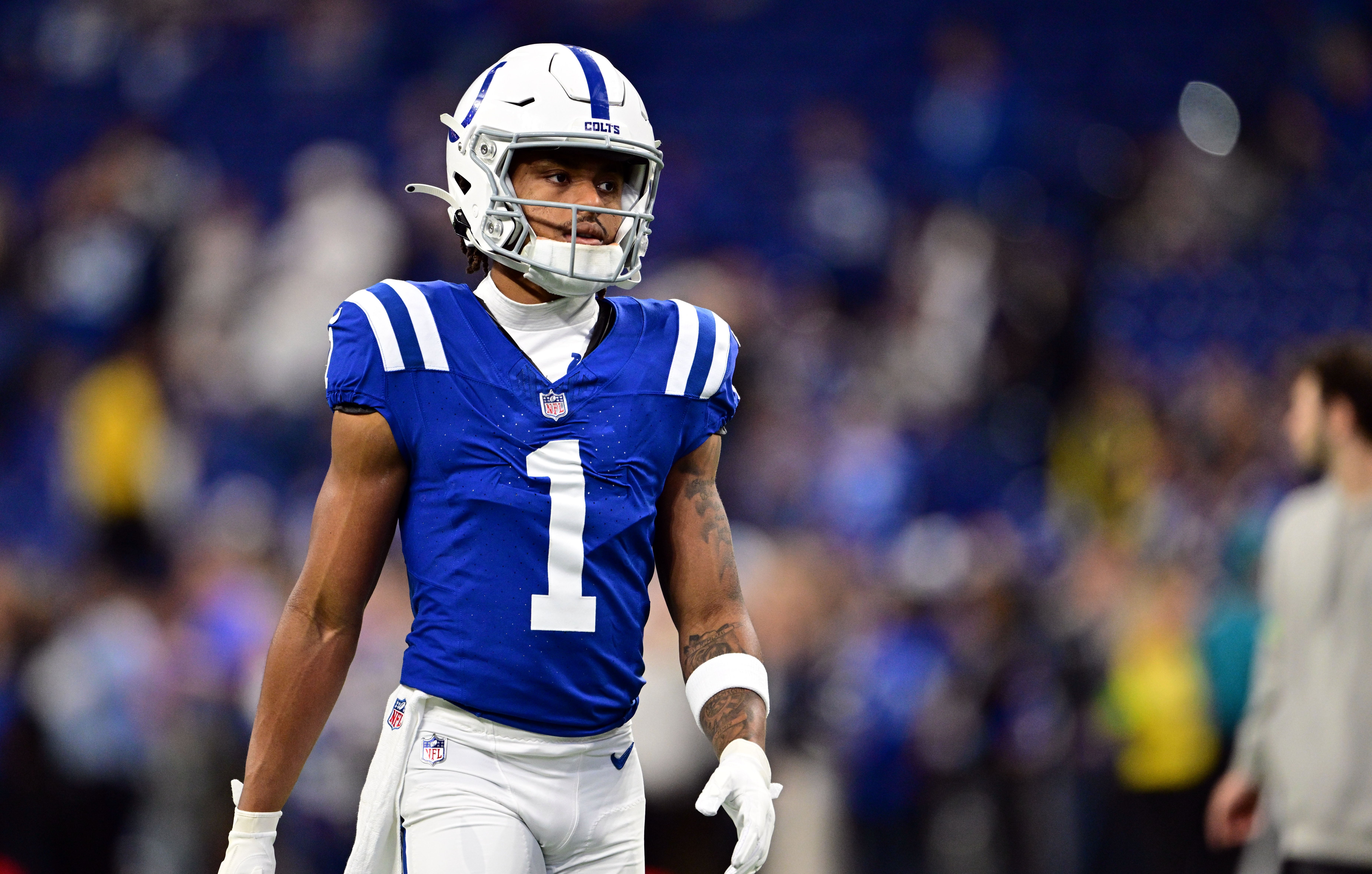 Oct 29, 2023; Indianapolis, Indiana, USA; Indianapolis Colts wide receiver Josh Downs (1) warms up before the game against the New Orleans Saints at Lucas Oil Stadium.