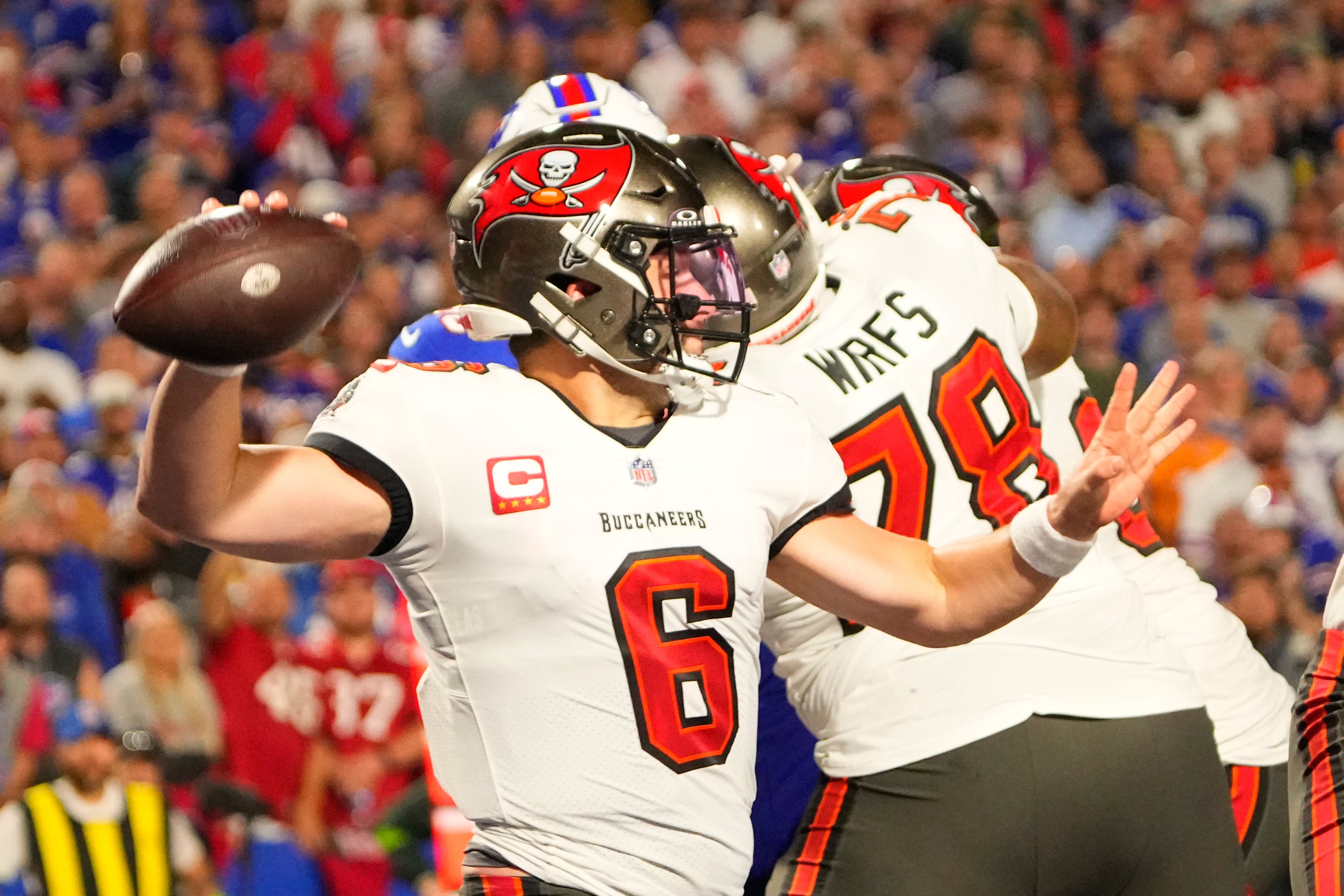 Oct 26, 2023; Orchard Park, New York, USA; Tampa Bay Buccaneers quarterback Baker Mayfield (6) throws the ball against the Buffalo Bills during the first half at Highmark Stadium. Mandatory Credit: Gregory Fisher-USA TODAY Sports