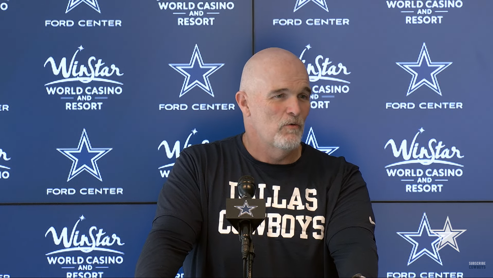 Dallas Cowboys defensive coordinator Dan Quinn talks to the media about stopping the Philadelphia Eagles' Tush Push.
