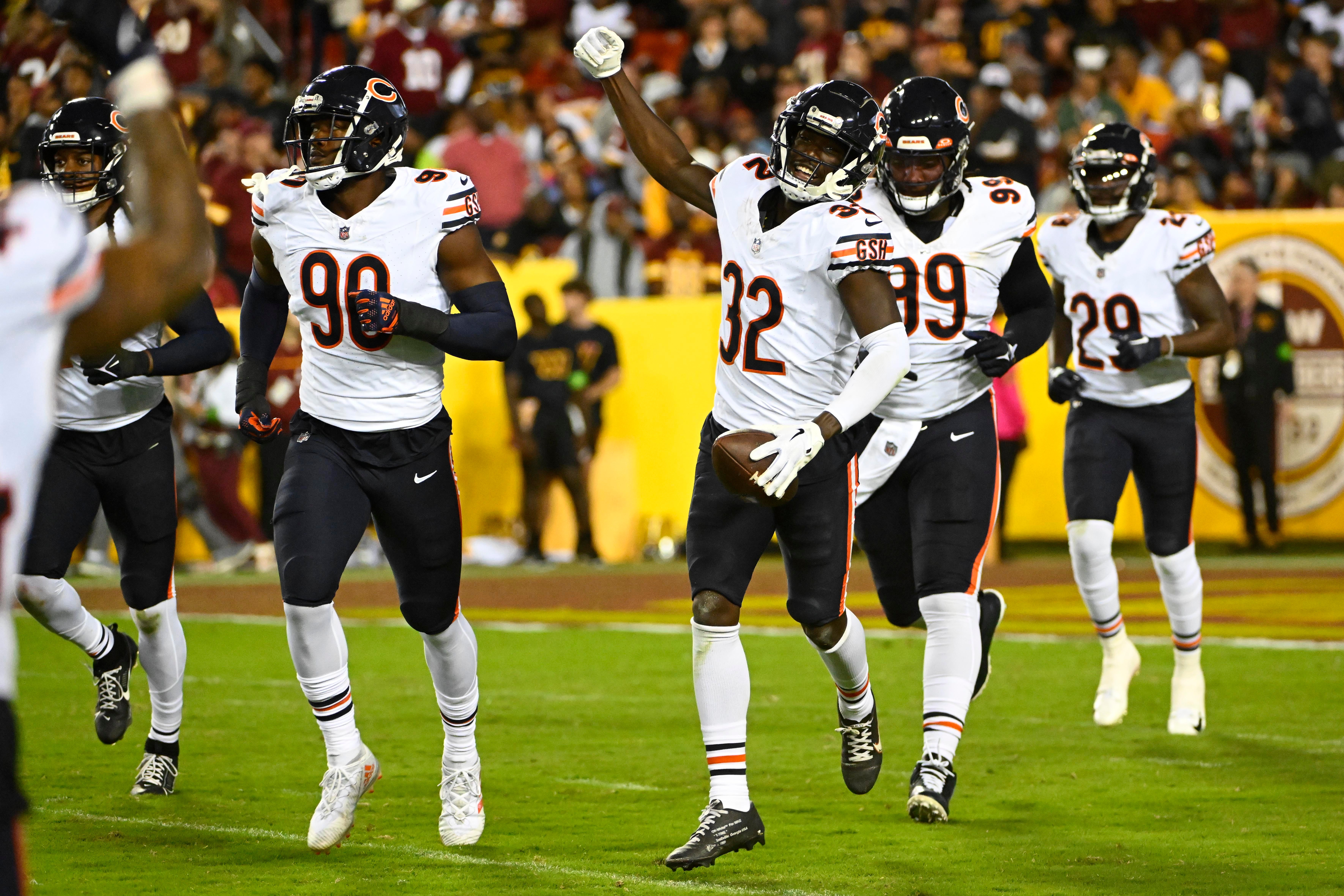 Oct 5, 2023; Landover, Maryland, USA; Chicago Bears cornerback Terell Smith (32) celebrates after a fumble against the Washington Commanders during the second half at FedExField.