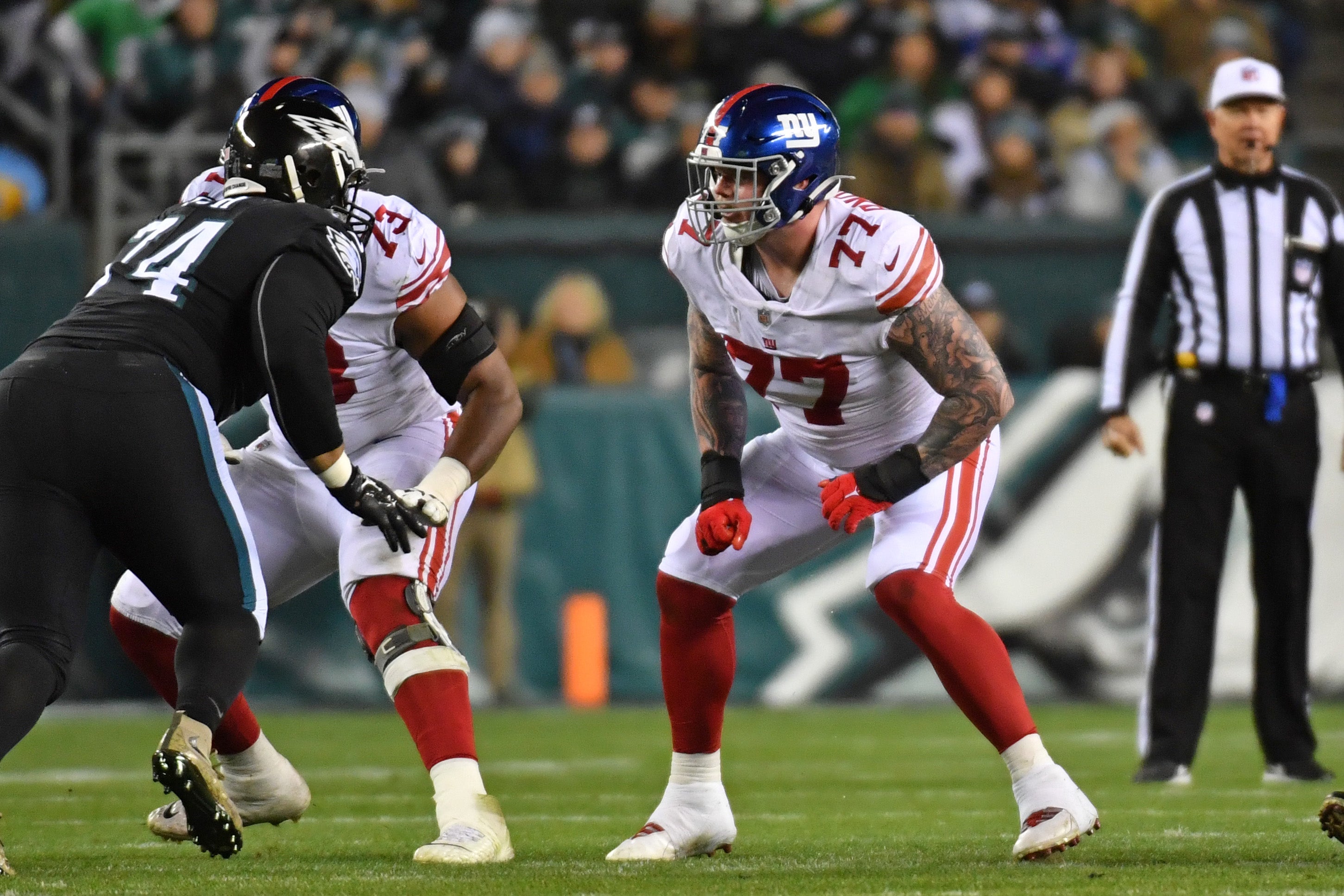 Jan 8, 2023; Philadelphia, Pennsylvania, USA; New York Giants guard Jack Anderson (77) against the Philadelphia Eagles at Lincoln Financial Field. Mandatory