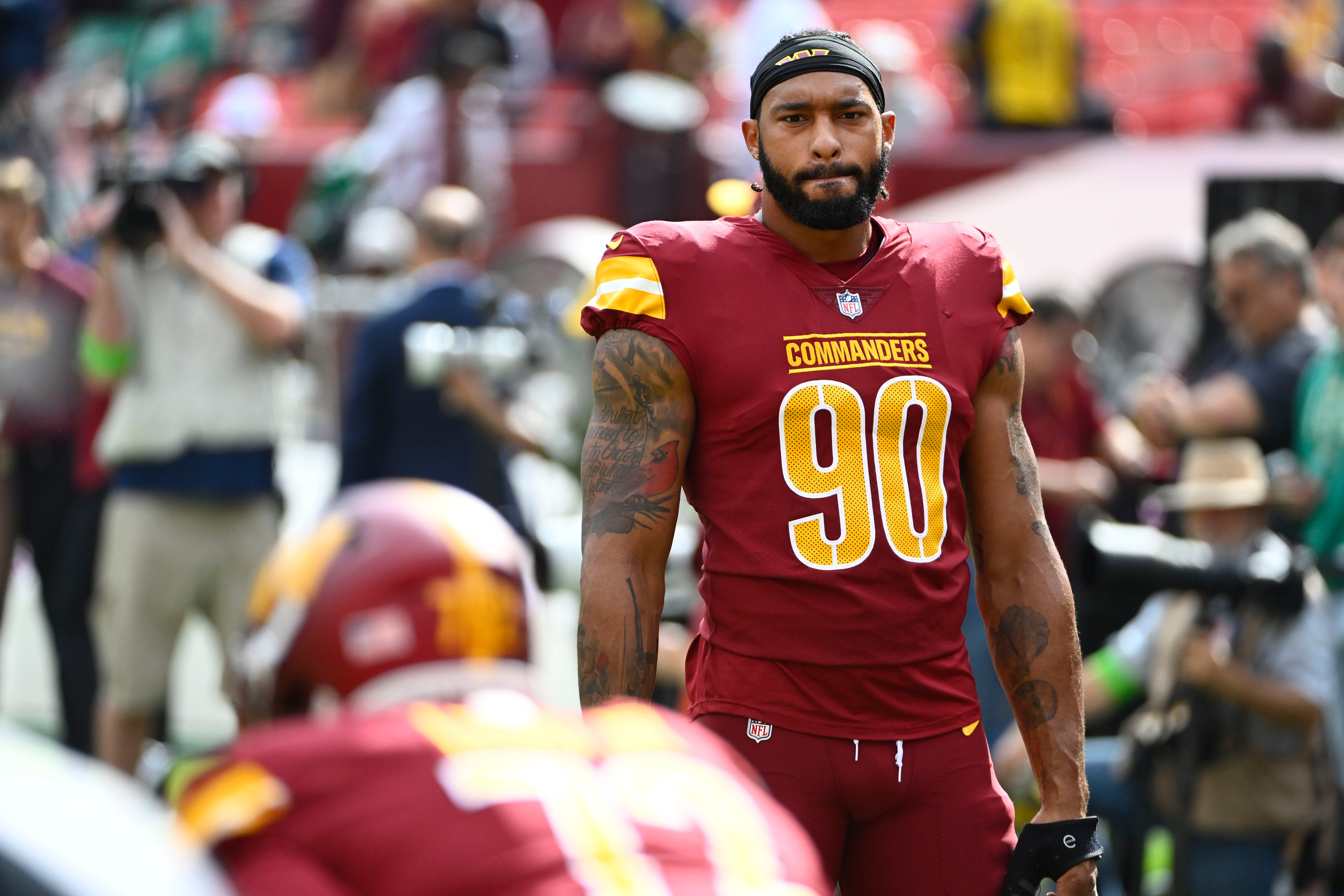 Oct 29, 2023; Landover, Maryland, USA; Washington Commanders defensive end Montez Sweat (90) on the field before the game against the Philadelphia Eagles at FedExField.