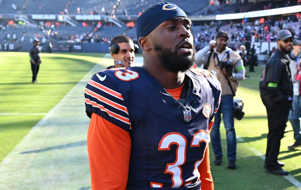 Oct 22, 2023; Chicago, Illinois, USA; Chicago Bears defensive back Jaylon Johnson (33) leaves the field after a win over the Las Vegas Raiders at Soldier Field. Mandatory Credit: Jamie Sabau-USA TODAY Sports
