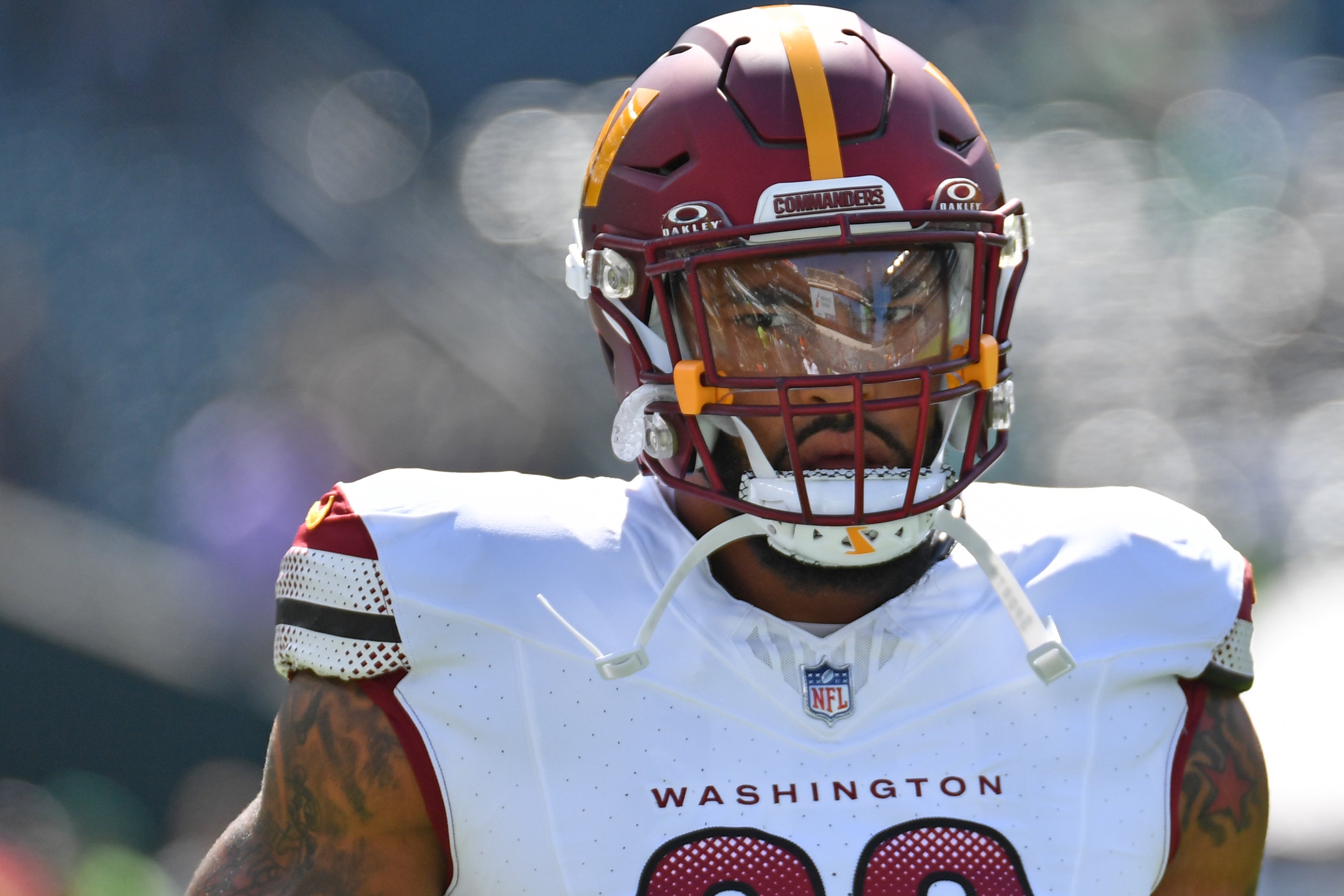 Oct 1, 2023; Philadelphia, Pennsylvania, USA; Washington Commanders defensive end Montez Sweat (90) during warmups against the Philadelphia Eagles at Lincoln Financial Field.