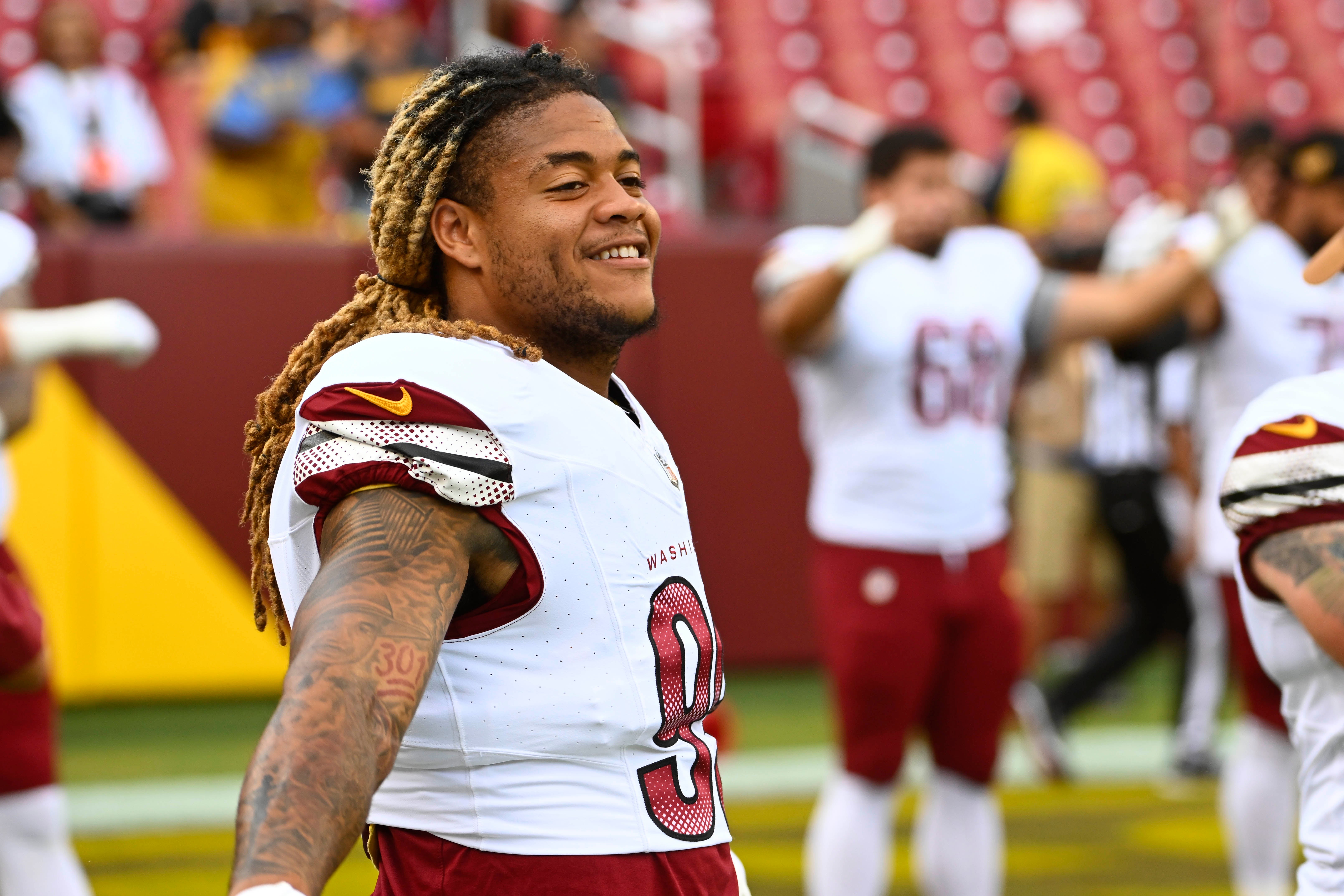 Aug 26, 2023; Landover, Maryland, USA; Washington Commanders defensive end Chase Young (99) on the field before the game between the Washington Commanders and the Cincinnati Bengals at FedExField. Mandatory Credit: Brad Mills-USA TODAY Sports