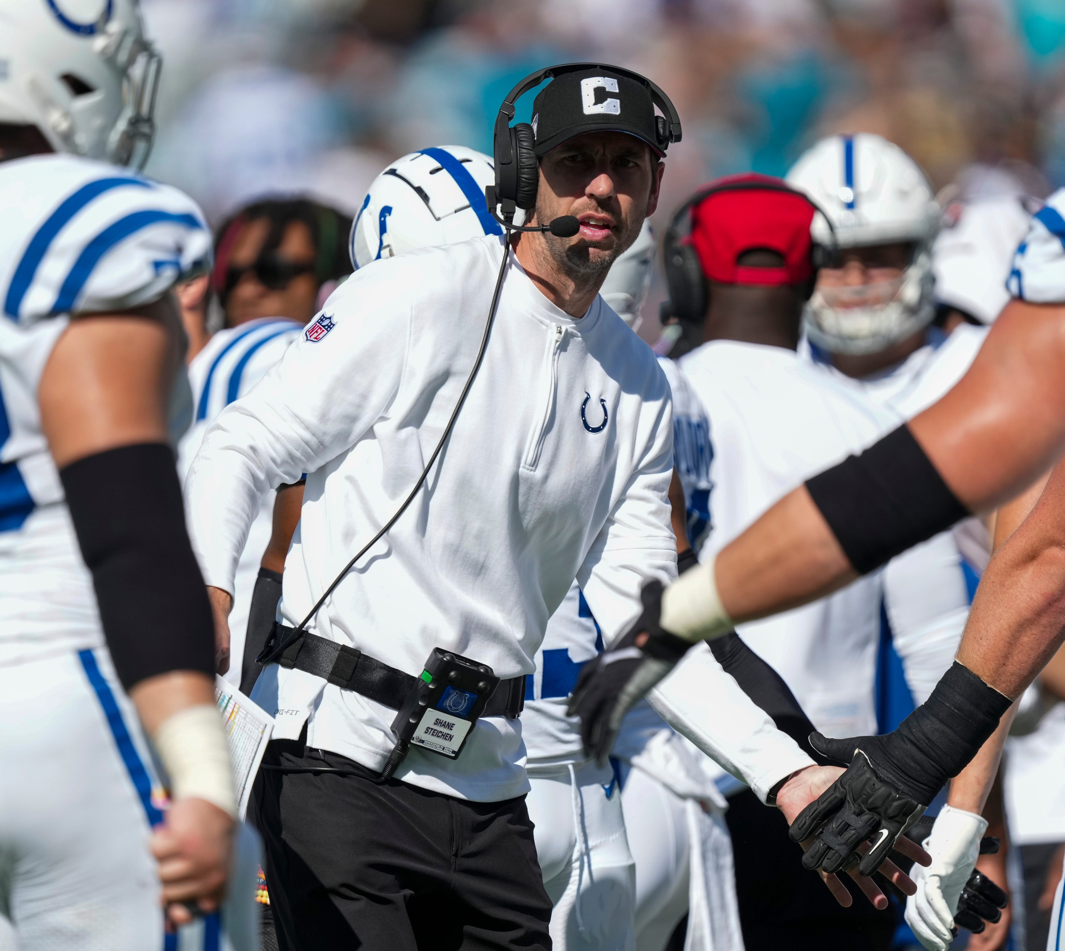 Shane Steichen, head coach for the Colts, after an Indianapolis touchdown against Jacksonville at EverBank Stadium on Sunday, Oct 15, 2023, in Jacksonville.