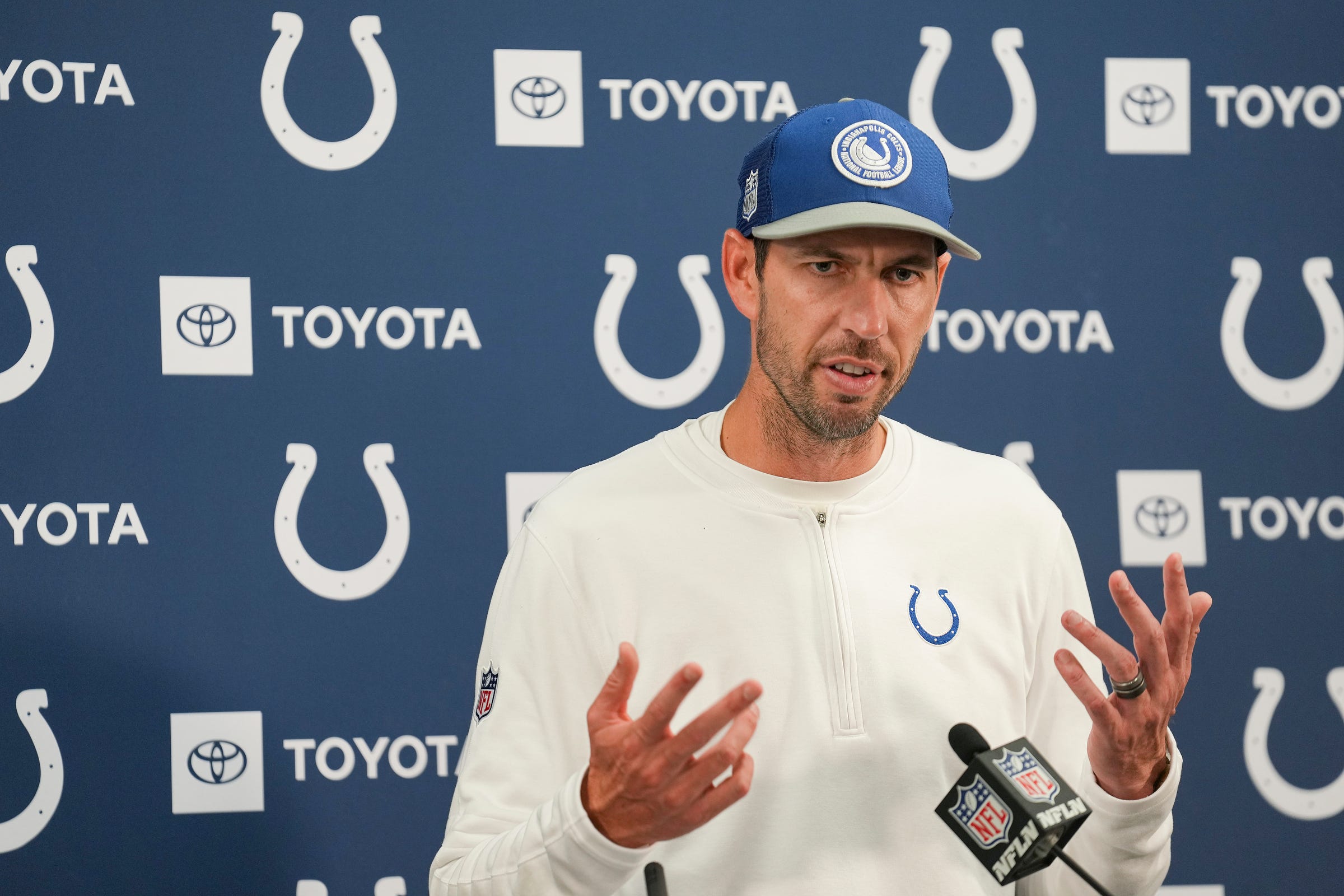 Indianapolis Colts head coach Shane Steichen speaks Sunday, Sept. 24, 2023, during a post-game press conference at M&T Bank Stadium in Baltimore. The Colts defeated the Ravens in overtime, 22-19.