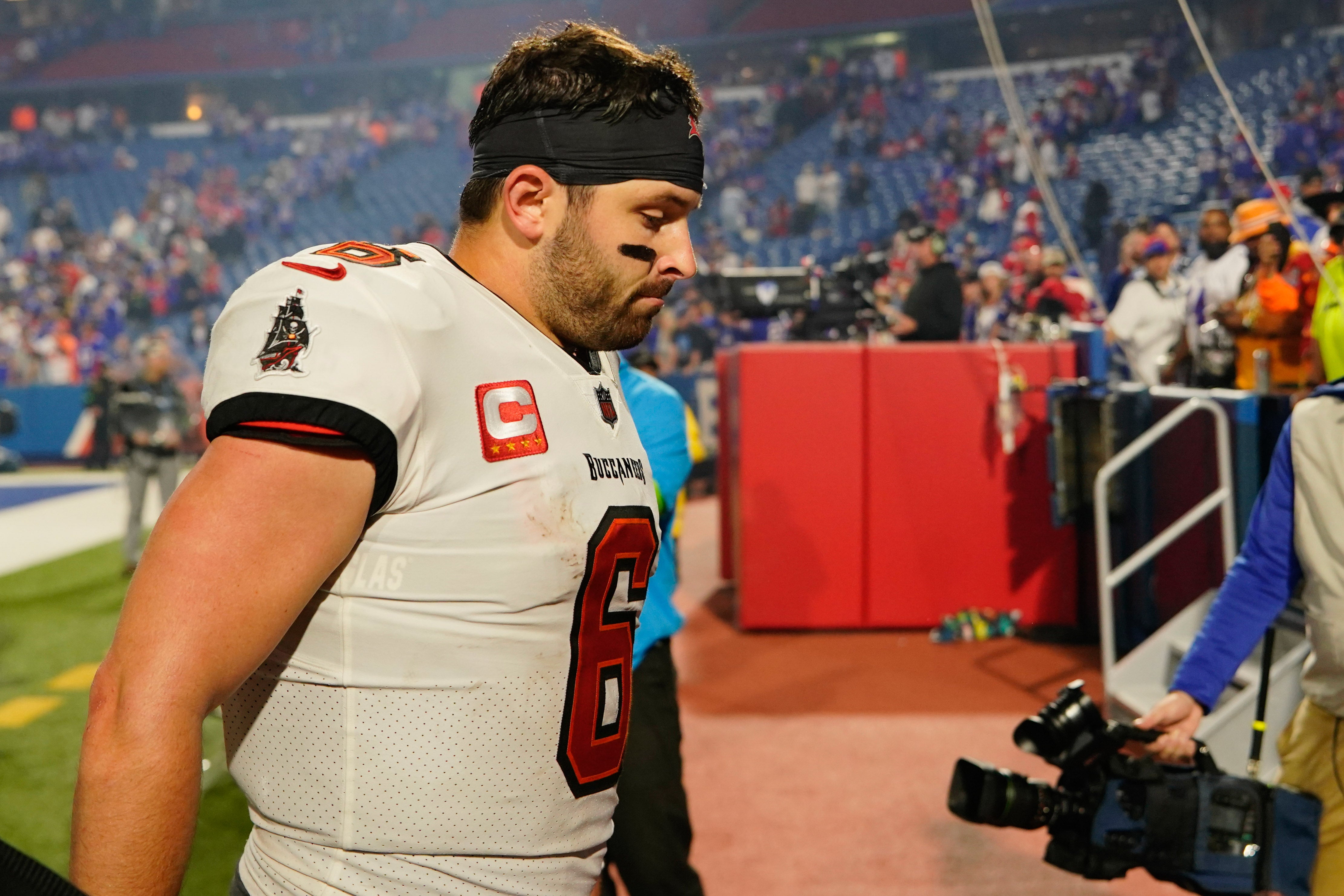 Oct 26, 2023; Orchard Park, New York, USA; Tampa Bay Buccaneers quarterback Baker Mayfield (6) walks off the field after the game against the Buffalo Bills at Highmark Stadium. Mandatory Credit: Gregory Fisher-USA TODAY Sports