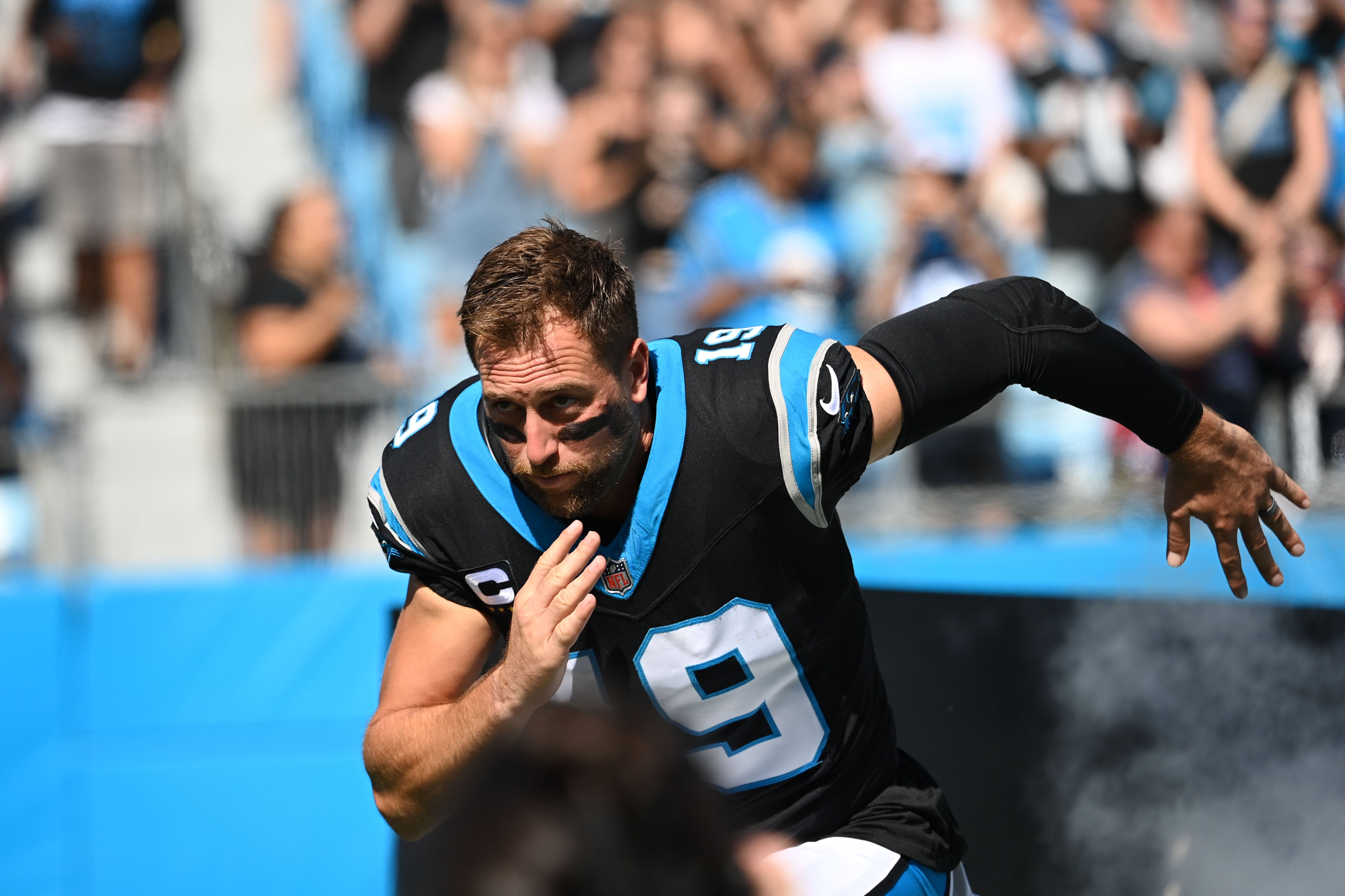 Oct 29, 2023; Charlotte, North Carolina, USA; Carolina Panthers wide receiver Adam Thielen (19) runs on to the field at Bank of America Stadium. Mandatory Credit: Bob Donnan-USA TODAY Sports
