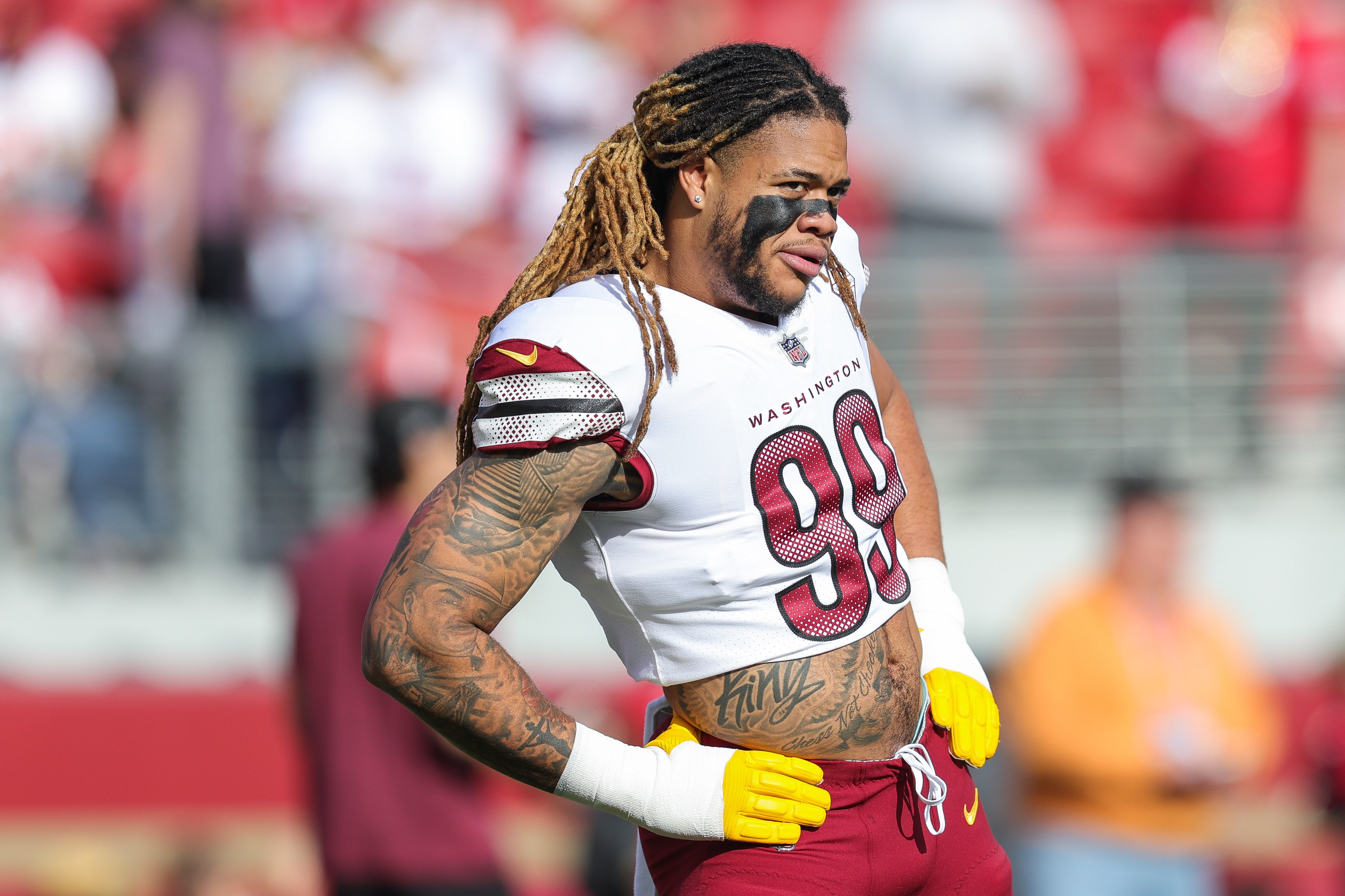 Dec 24, 2022; Santa Clara, California, USA; Washington Commanders defensive end Chase Young (99) warms up before the game against the San Francisco 49ers at Levi's Stadium.