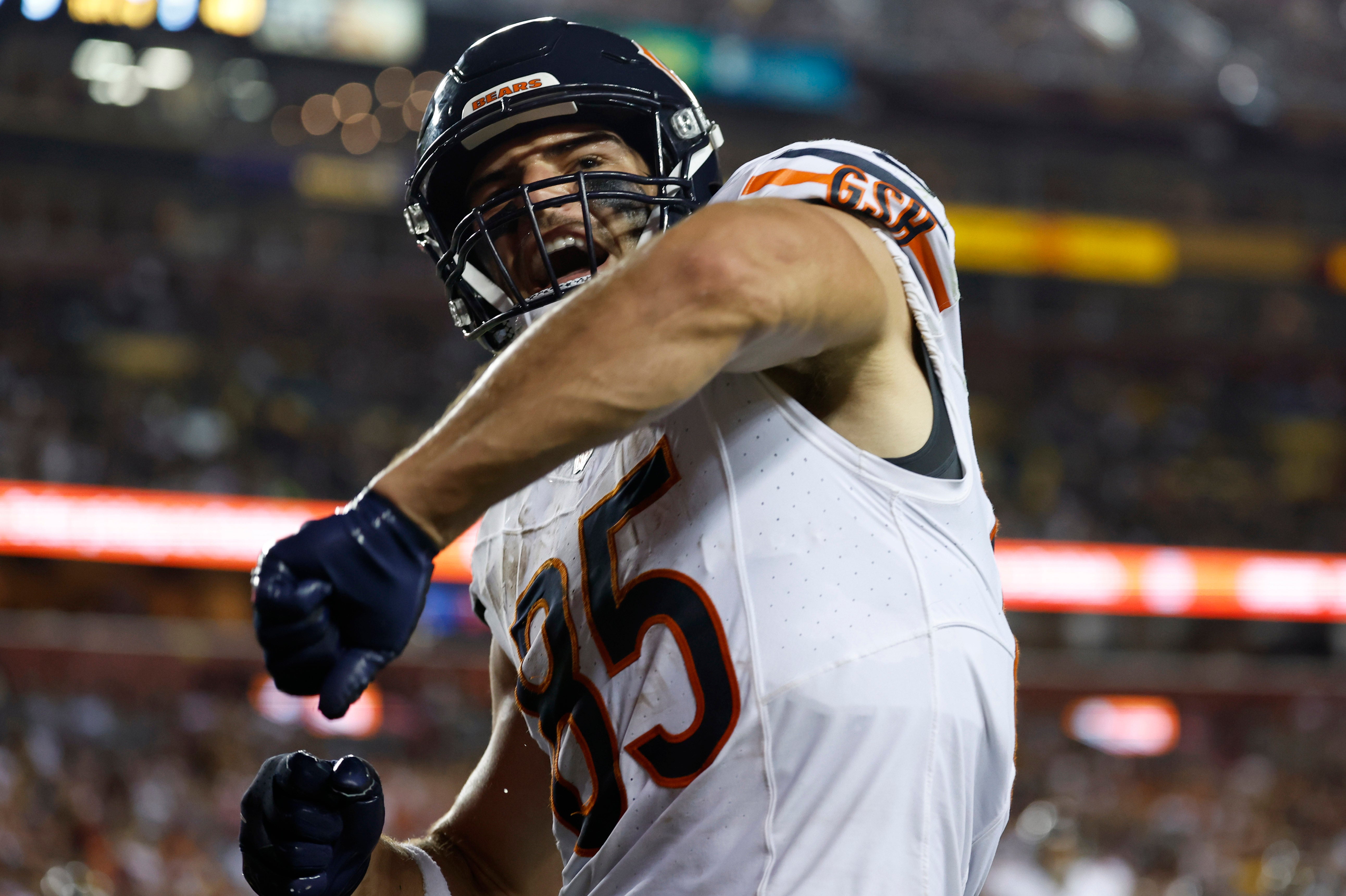Oct 5, 2023; Landover, Maryland, USA; Chicago Bears tight end Cole Kmet (85) celebrates after catching a touchdown pass against the Washington Commanders during the second quarter at FedExField.