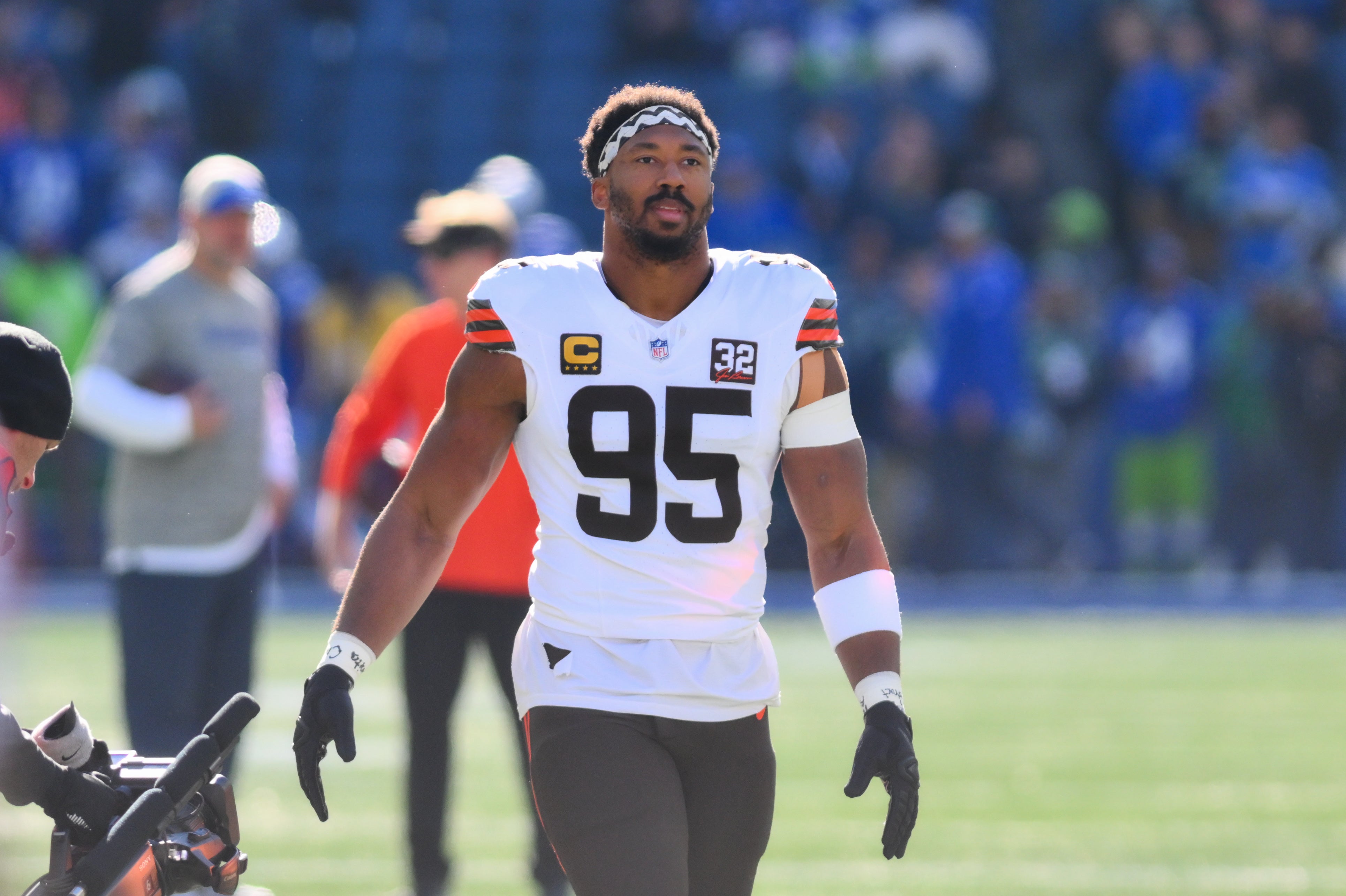 Oct 29, 2023; Seattle, Washington, USA; Cleveland Browns defensive end Myles Garrett (95) during warmups prior to the game against the Seattle Seahawks at Lumen Field. Mandatory Credit: Steven Bisig-USA TODAY Sports