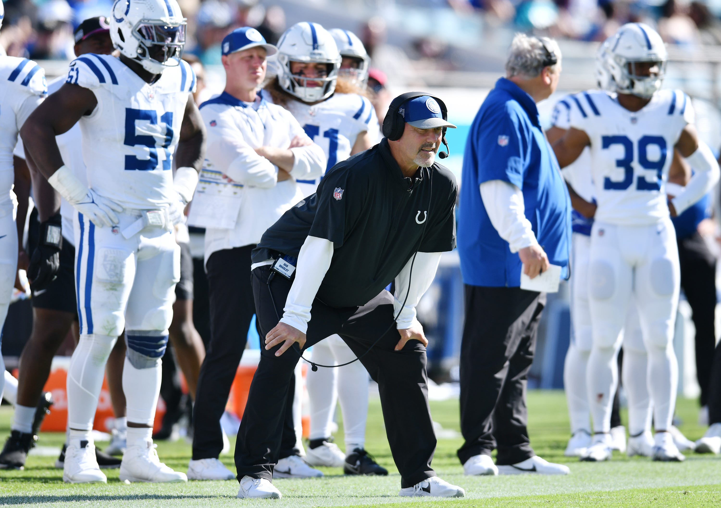 Colts Defensive Coordinator and former Jaguars Head Coach Gus Bradley on the sideline during late fourth-quarter action. The Jacksonville Jaguars hosted the Indianapolis Colts at EverBank Stadium in Jacksonville, FL Sunday, October 15, 2023. The Jaguars ended the first half with a 21 to 6 lead and won with a final score of 37 to 20.