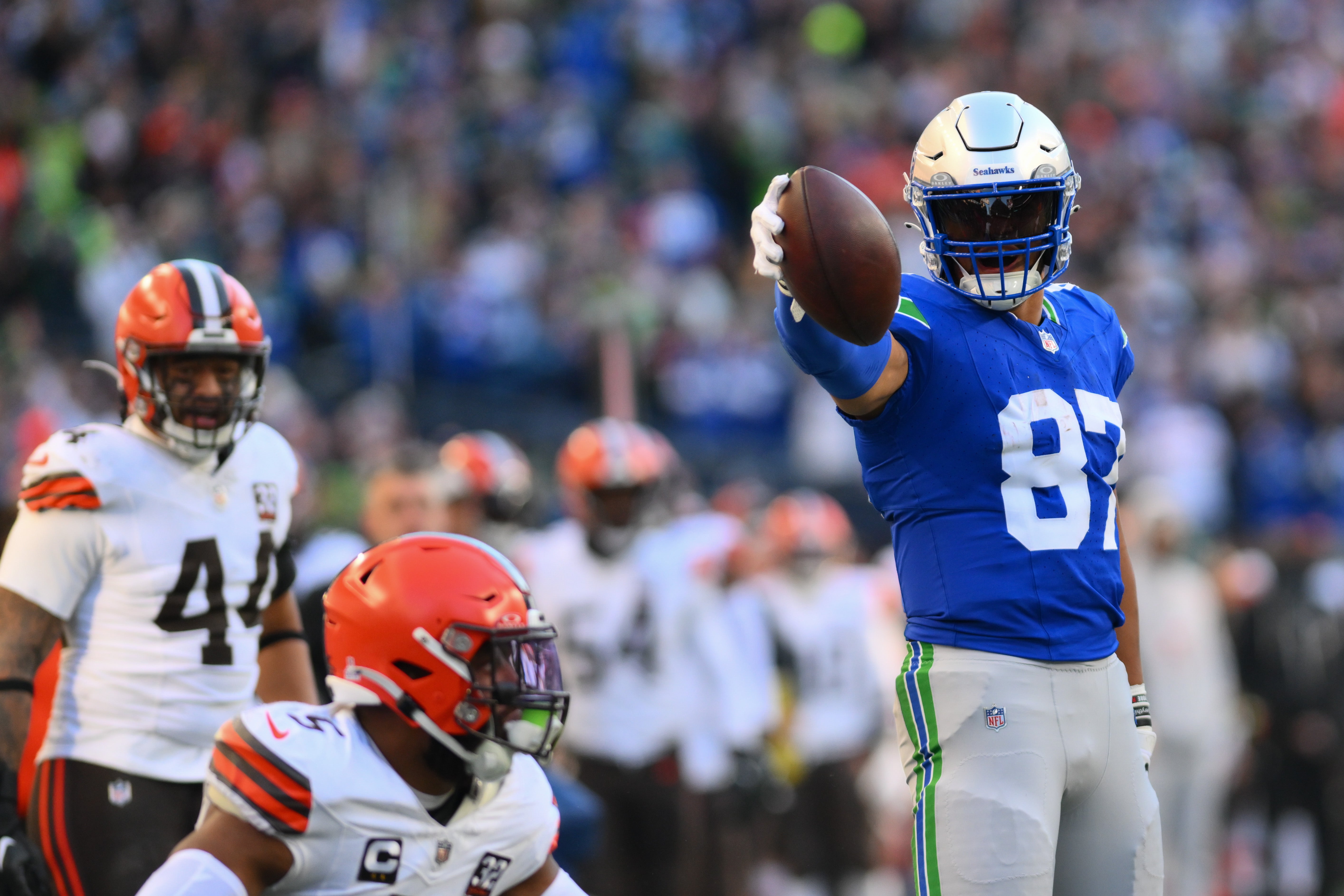 Oct 29, 2023; Seattle, Washington, USA; Seattle Seahawks tight end Noah Fant (87) celebrates after getting a first down against the Cleveland Browns during the second half at Lumen Field. Mandatory Credit: Steven Bisig-USA TODAY Sports
