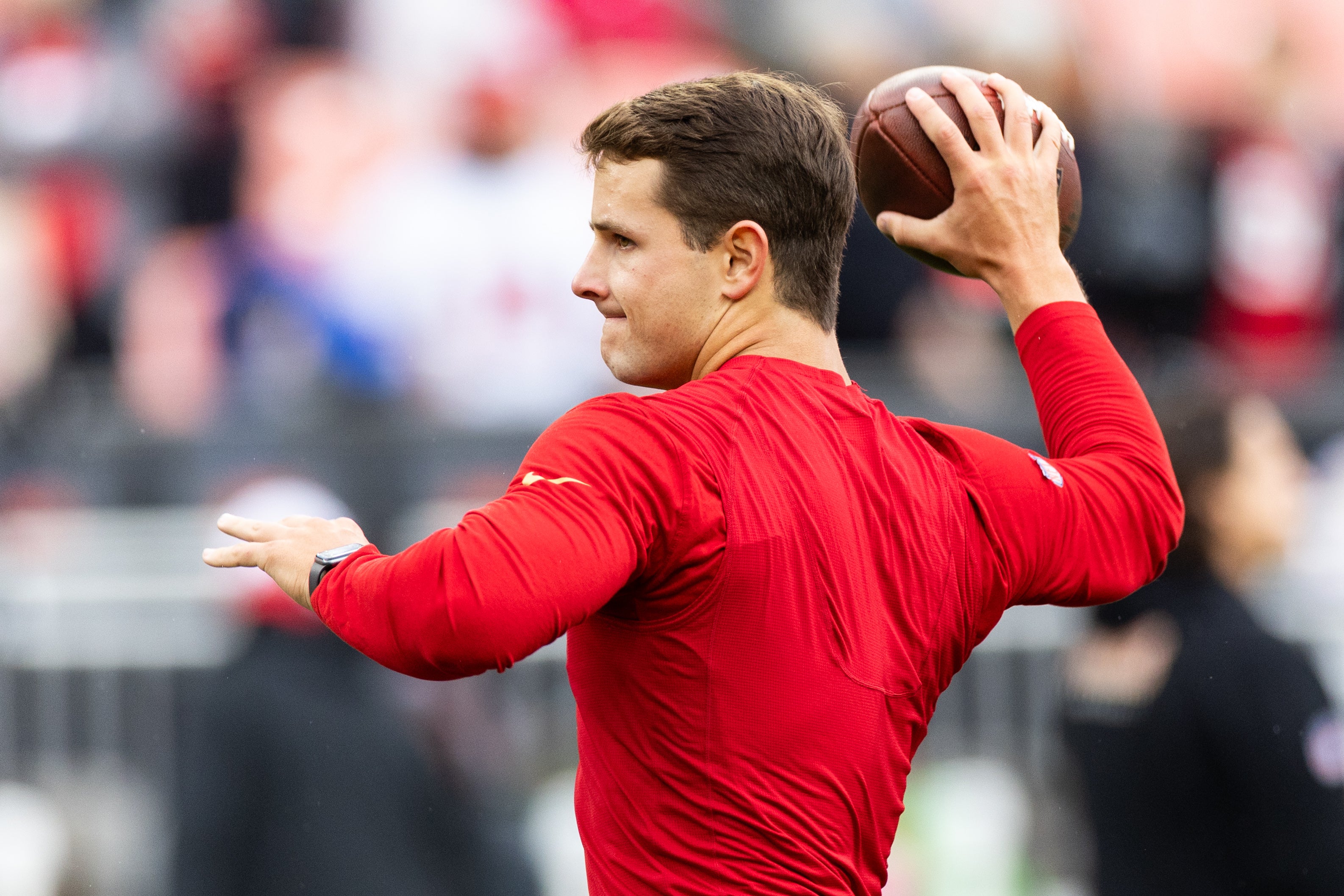 Oct 15, 2023; Cleveland, Ohio, USA; San Francisco 49ers quarterback Brock Purdy (13) throws the ball during warm ups before the game against the Cleveland Browns at Cleveland Browns Stadium.