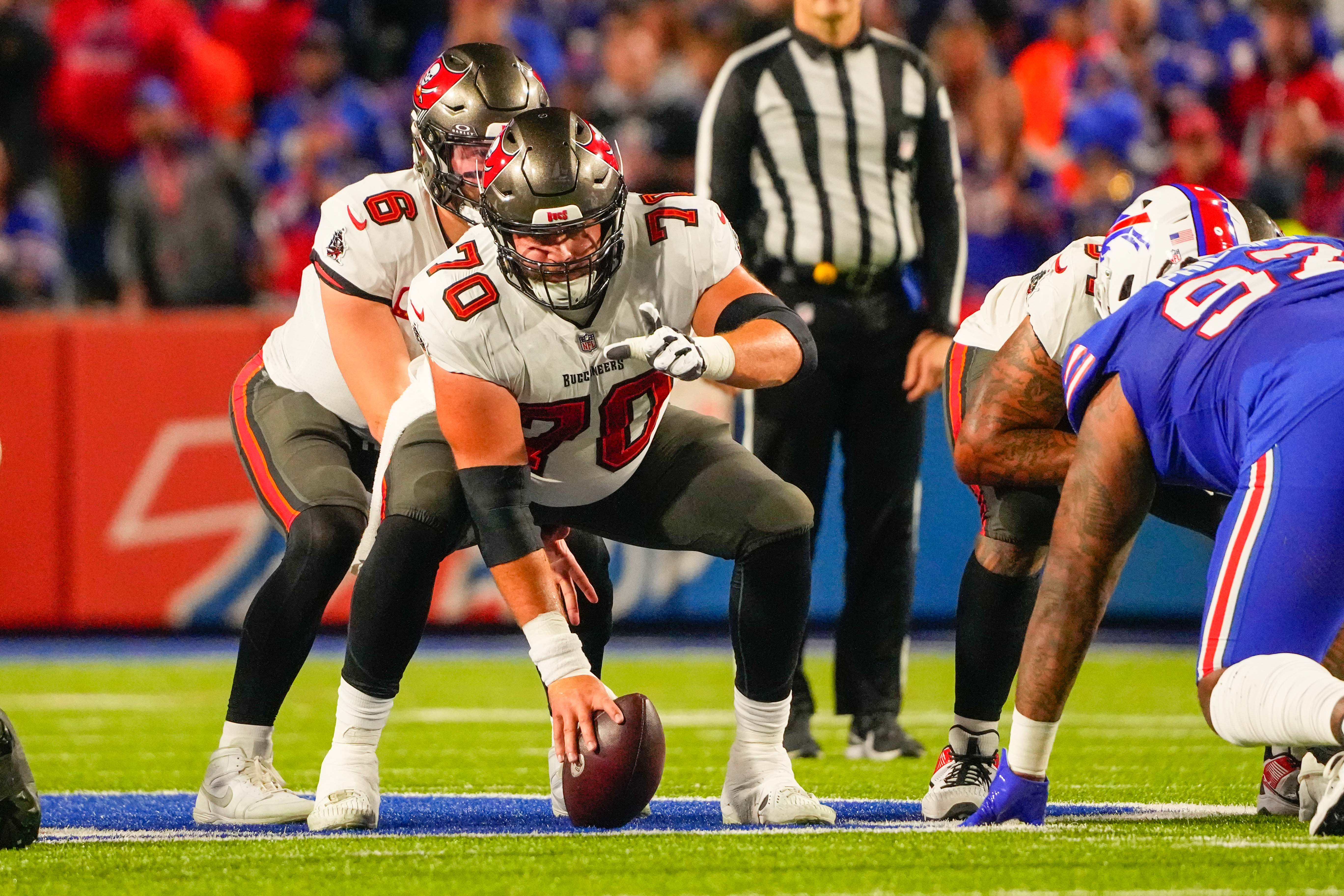 Oct 26, 2023; Orchard Park, New York, USA; Tampa Bay Buccaneers center Robert Hainsey (70) lines up to snap the ball against the Buffalo Bills during the first half at Highmark Stadium. Mandatory Credit: Gregory Fisher-USA TODAY Sports