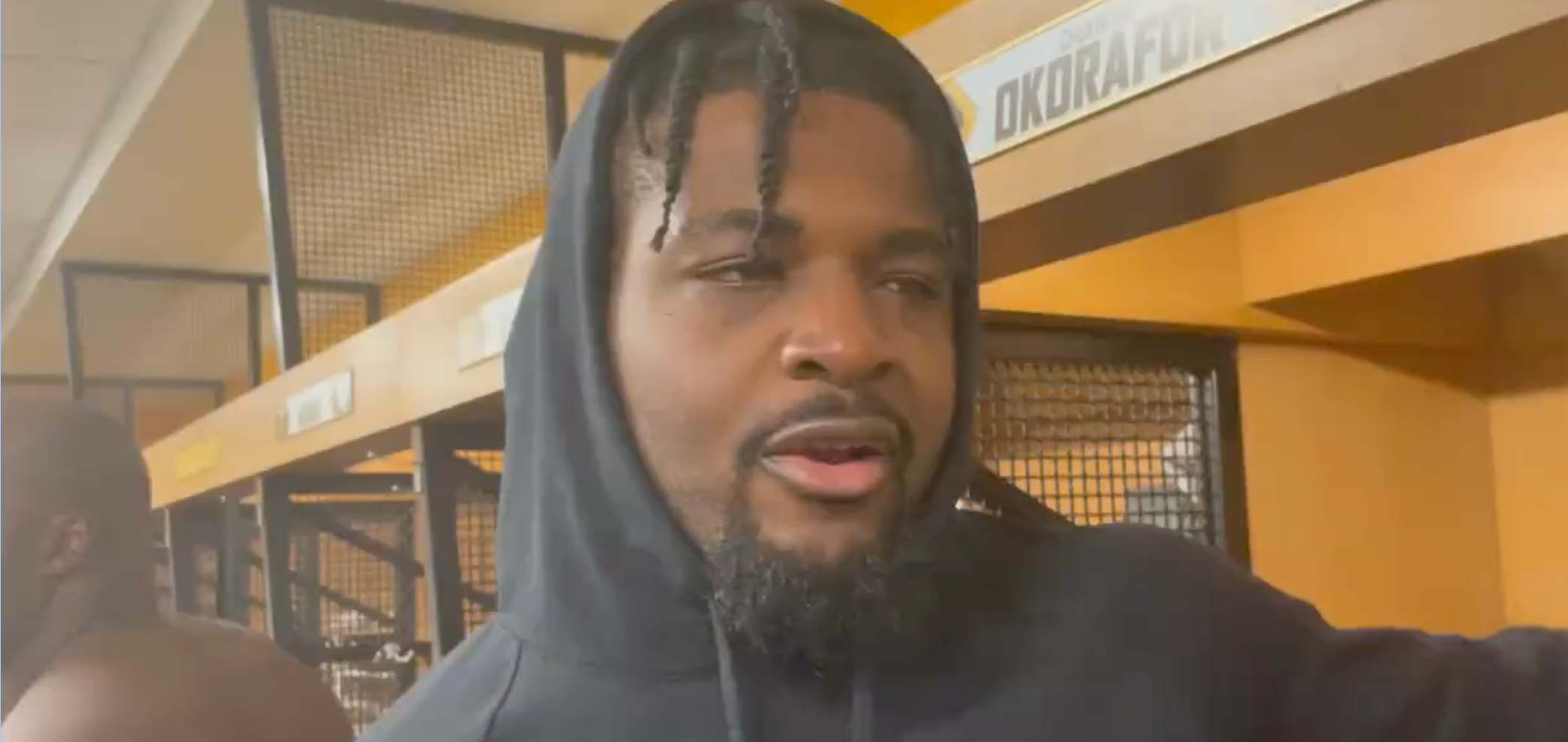 Pittsburgh Steelers offensive tackle Chuks Oforafor speaks to the media following 20-16 win vs. Tennessee Titans, 11/2/23