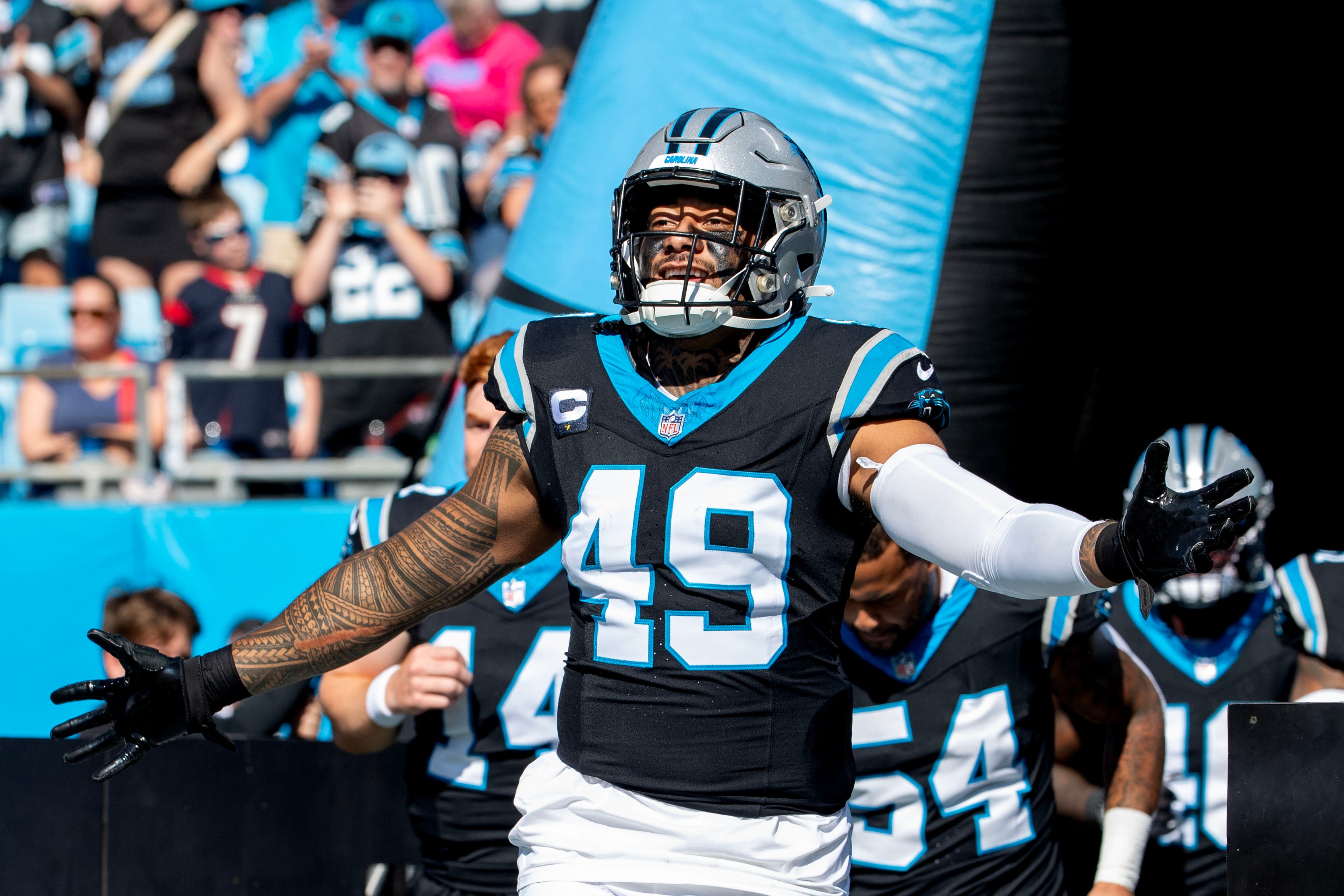 Oct 29, 2023; Charlotte, North Carolina, USA; Carolina Panthers linebacker Frankie Luvu (49) runs on to the field at Bank of America Stadium. Mandatory Credit: Bob Donnan-USA TODAY Sports