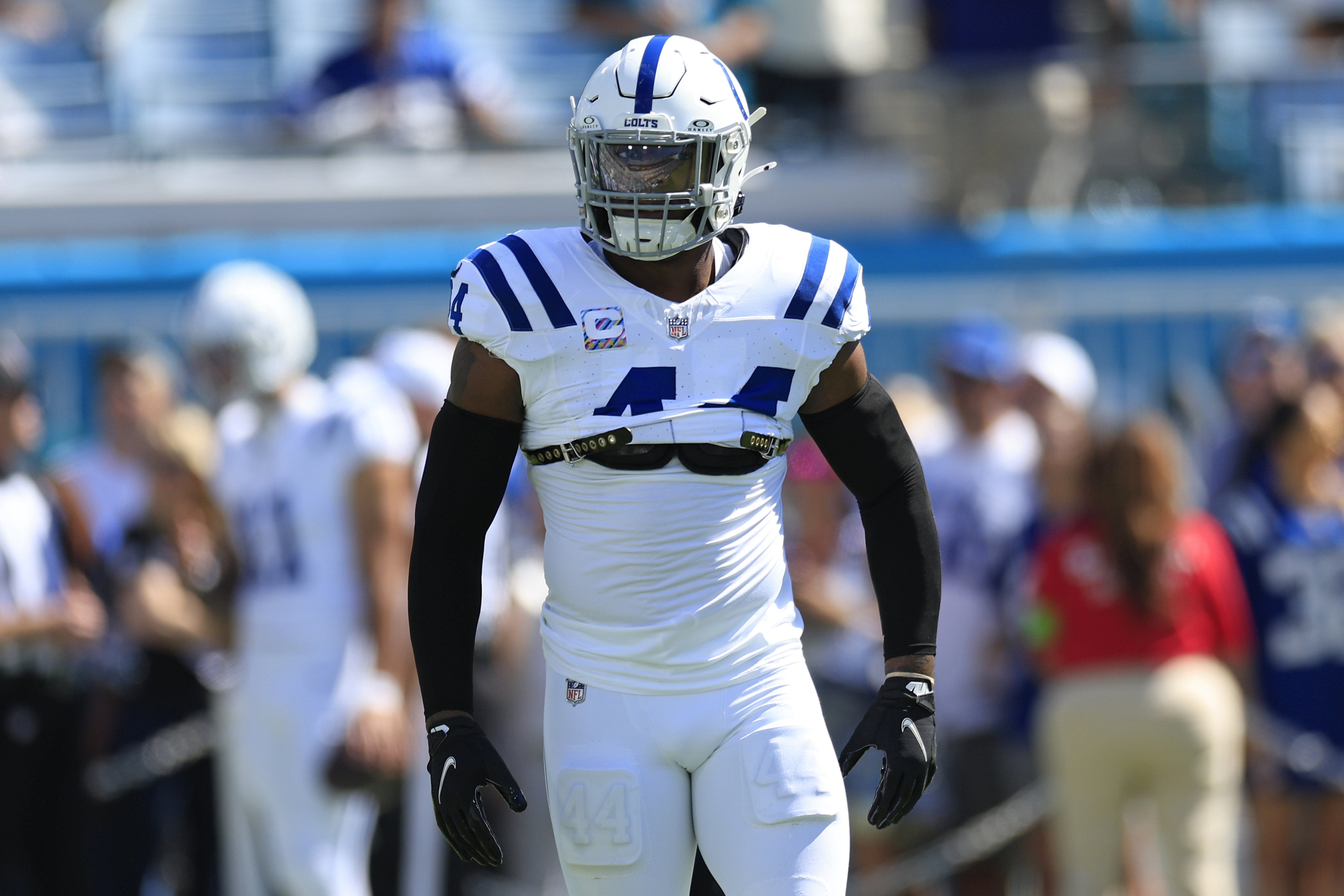 Indianapolis Colts linebacker Zaire Franklin (44) looks on before an NFL football matchup Sunday, Oct. 15, 2023 at EverBank Stadium in Jacksonville, Fla.