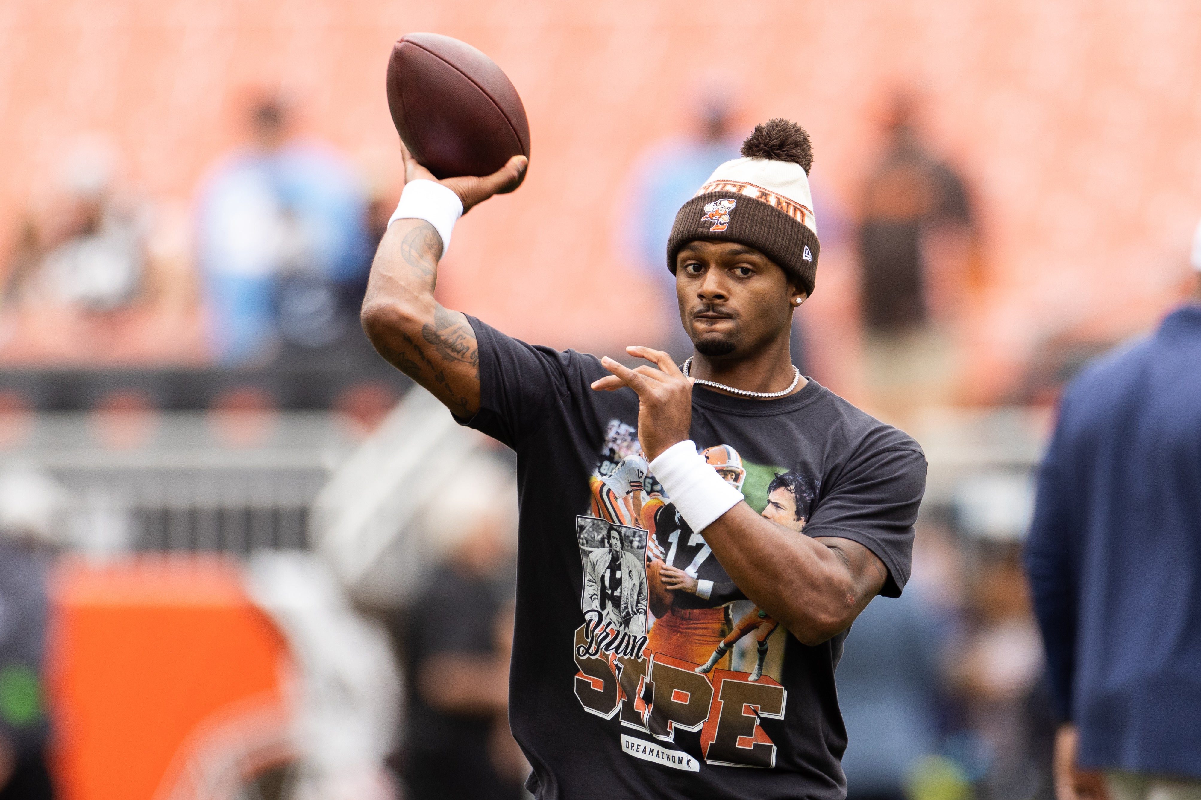Sep 24, 2023; Cleveland, Ohio, USA; Cleveland Browns quarterback Deshaun Watson (4) throws the ball during warmups before the game against the Tennessee Titans at Cleveland Browns Stadium. Mandatory Credit: Scott Galvin-USA TODAY Sports