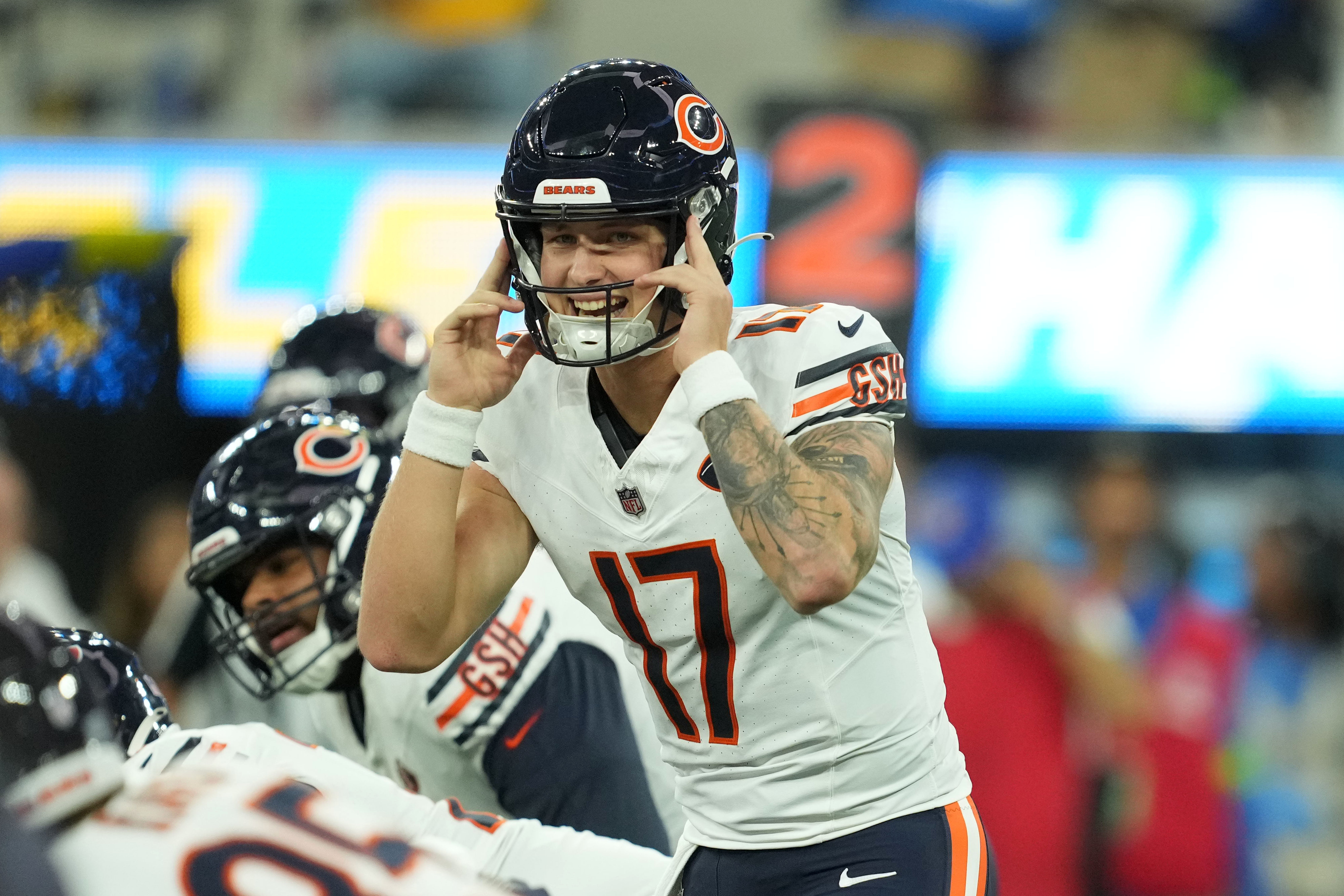 Oct 29, 2023; Inglewood, California, USA; Chicago Bears quarterback Tyson Bagent (17) gestures against the Los Angeles Chargers in the first half at SoFi Stadium.
