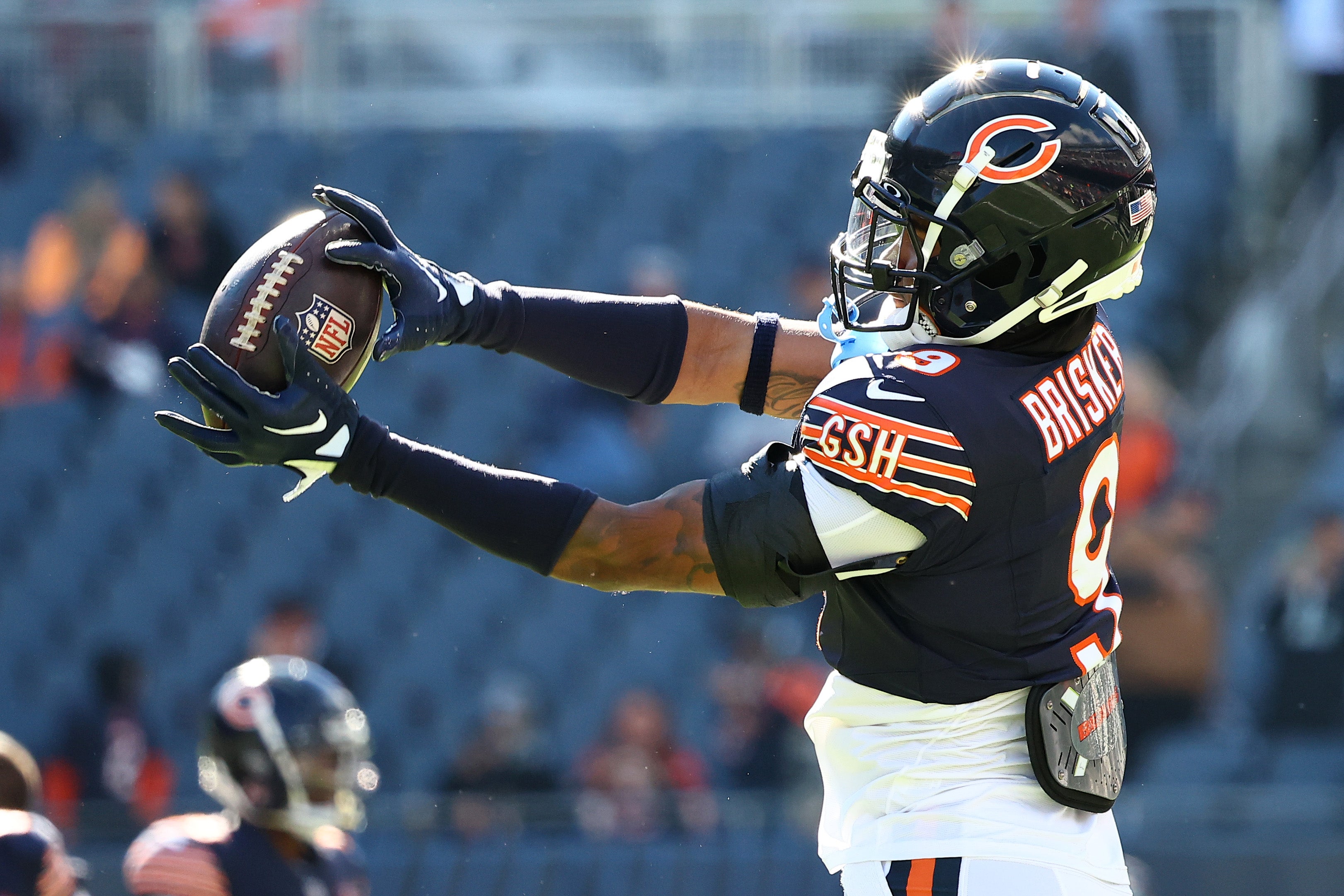 Oct 22, 2023; Chicago, Illinois, USA; Chicago Bears safety Jaquan Brisker (9) practices before the game against the Las Vegas Raiders at Soldier Field.