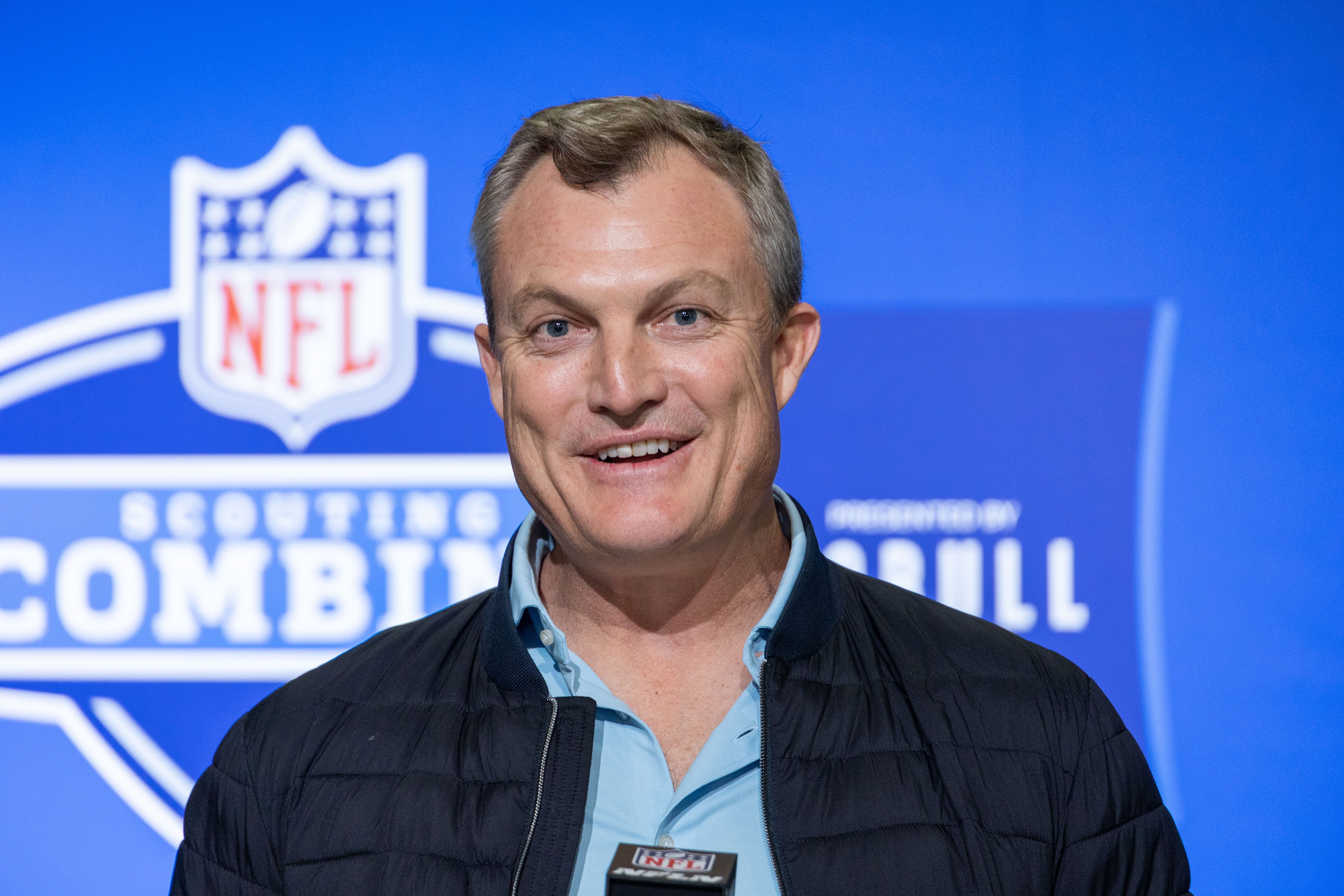 Feb 28, 2023; Indianapolis, IN, USA; San Francisco 49ers general manager John Lynch speaks to the press at the NFL Combine at Lucas Oil Stadium.