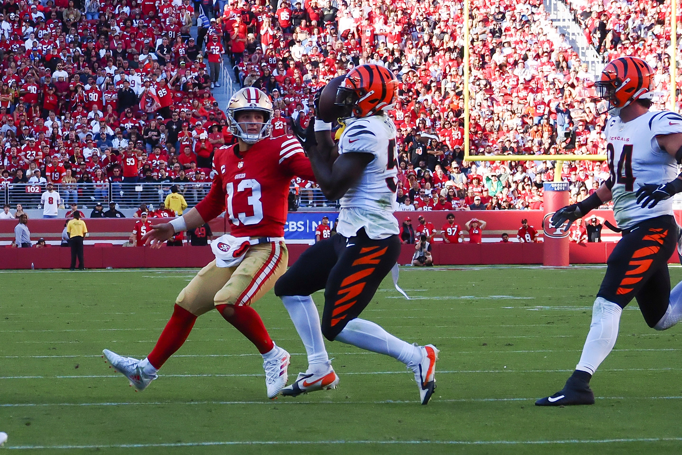 Oct 29, 2023; Santa Clara, California, USA; Cincinnati Bengals linebacker Germaine Pratt (57) intercepts the pass by San Francisco 49ers quarterback Brock Purdy (13) during the third quarter at Levi's Stadium.