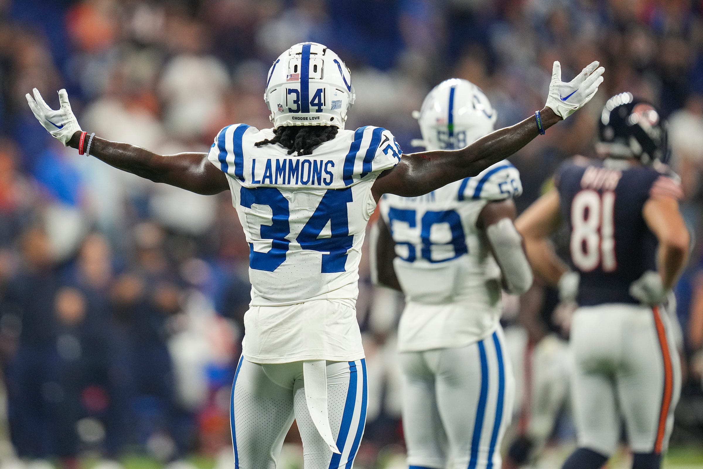 Indianapolis Colts cornerback Chris Lammons (34) celebrates late in the second half of an NFL preseason game against Chicago on Saturday, Aug. 19, 2023, at Lucas Oil Stadium in Indianapolis. The Colts defeated the Bears, 24-17.