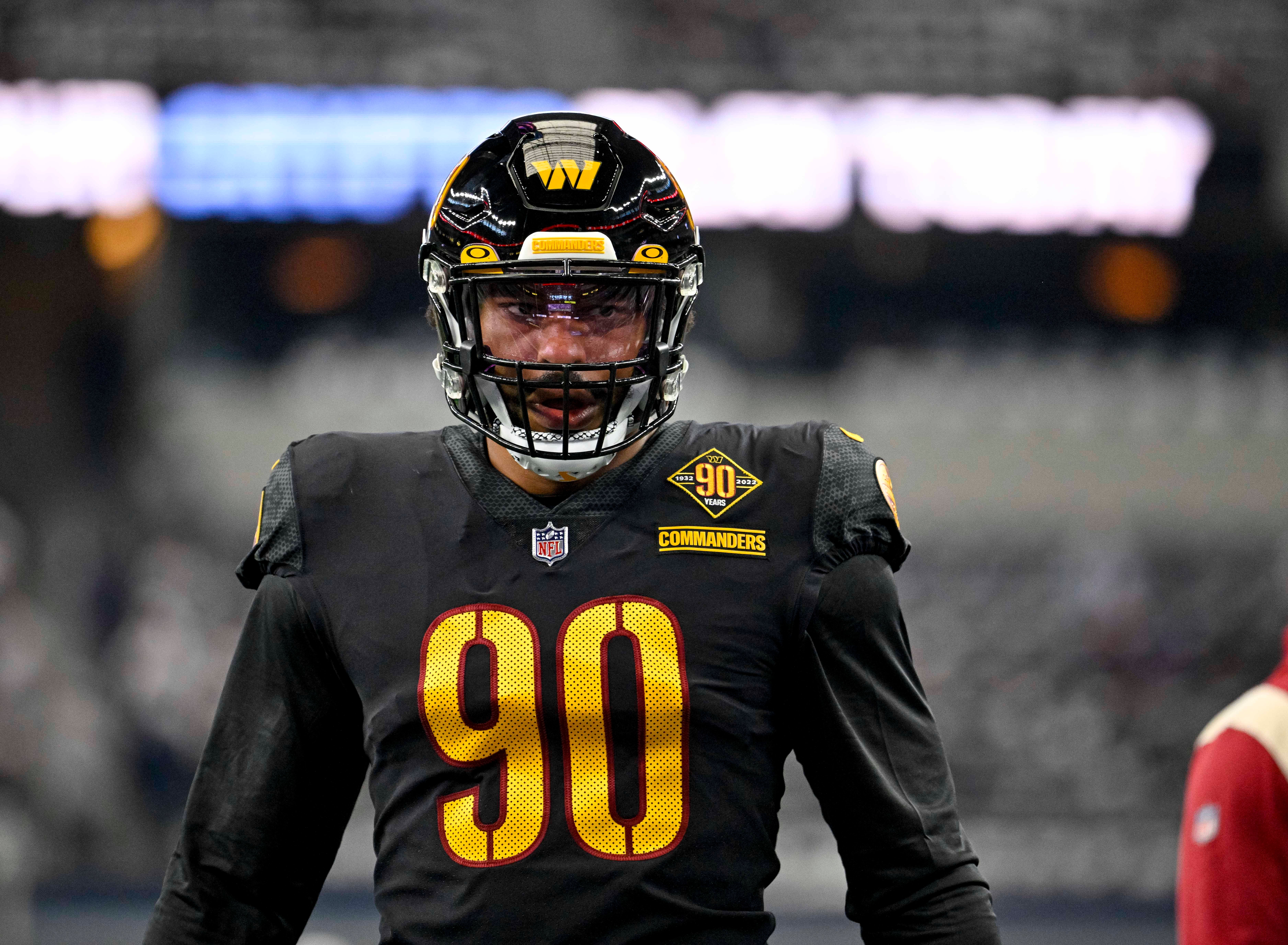 Oct 2, 2022; Arlington, Texas, USA; Washington Commanders defensive end Montez Sweat (90) warms up before the game between the Dallas Cowboys and the Washington Commanders AT&T Stadium.