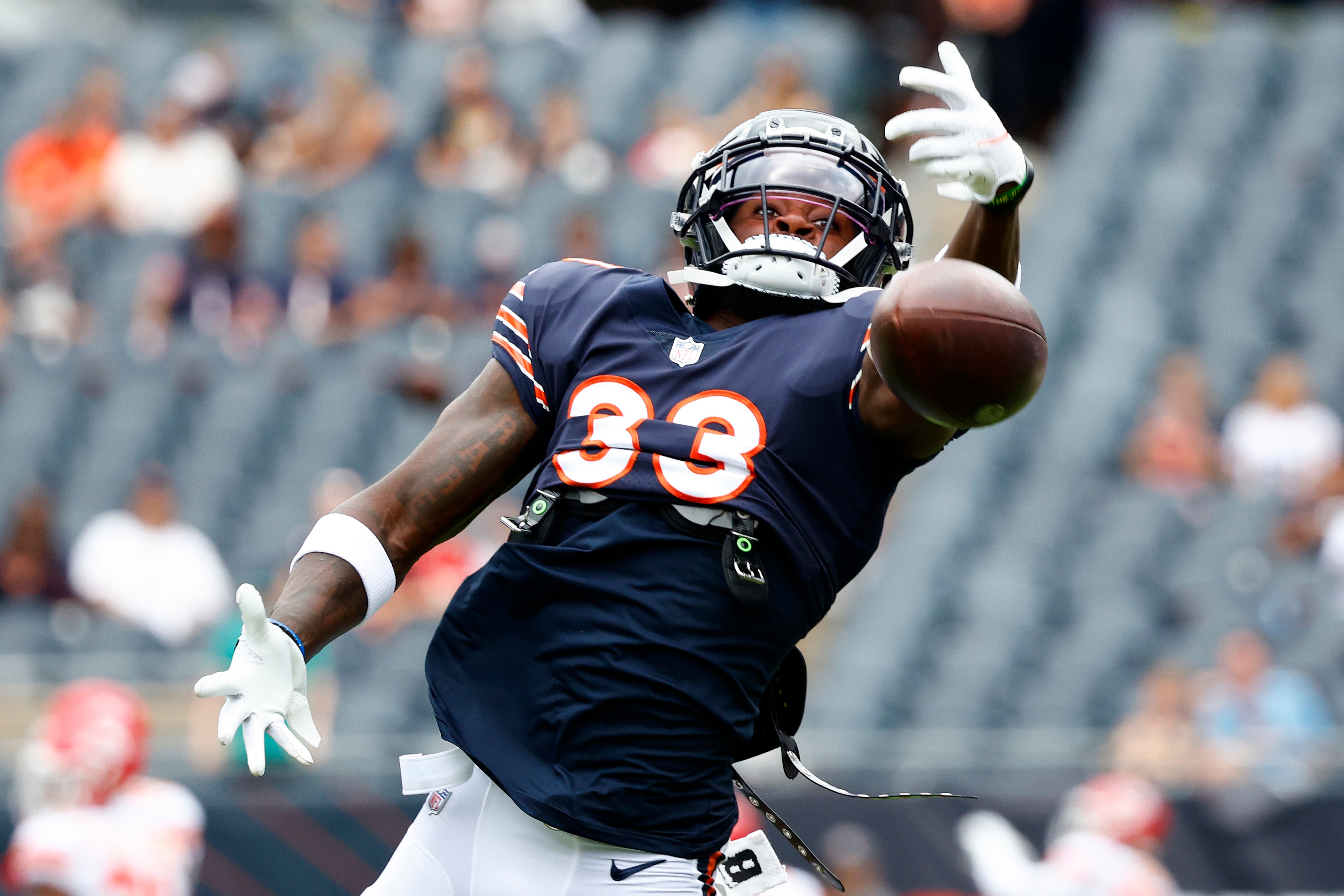 Aug 13, 2022; Chicago, Illinois, USA; Chicago Bears cornerback Jaylon Johnson (33) practices before the game against the Kansas City Chiefs at Soldier Field.