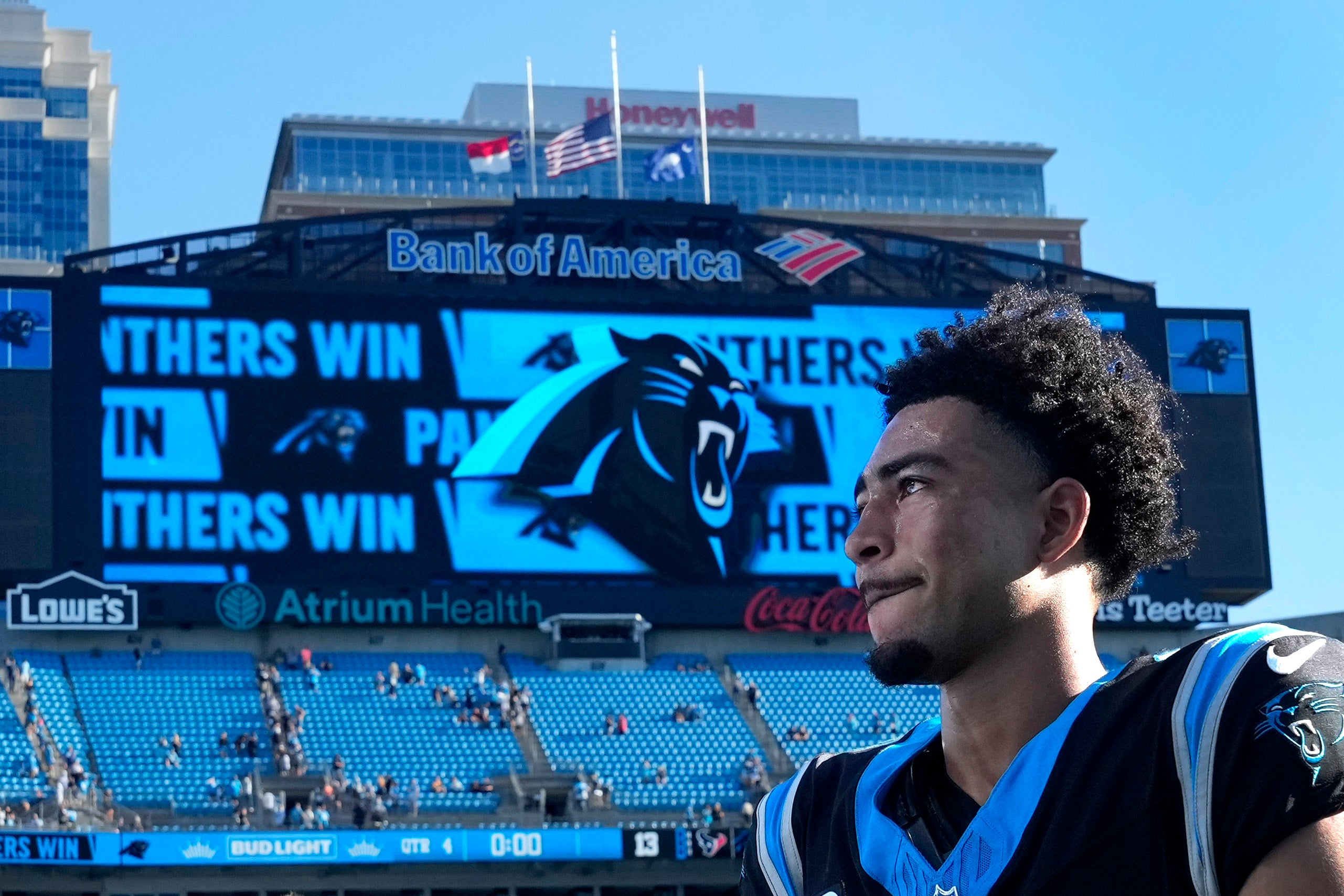 Oct 29, 2023; Charlotte, North Carolina, USA; Carolina Panthers quarterback Bryce Young (9) walks off the field after the game at Bank of America Stadium. Mandatory Credit: Bob Donnan-USA TODAY Sports