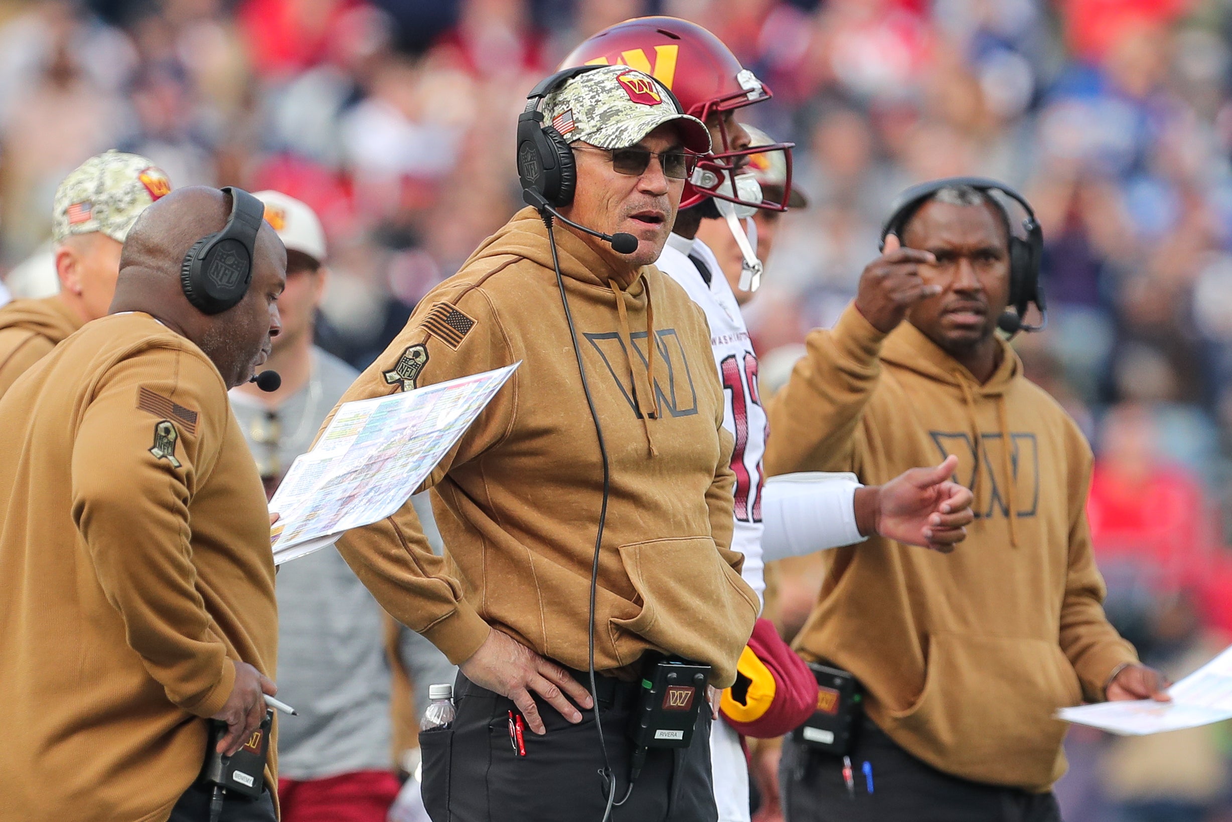 Washington Commanders head coach Ron Rivera reacts during the first half against the New England Patriots at Gillette Stadium.