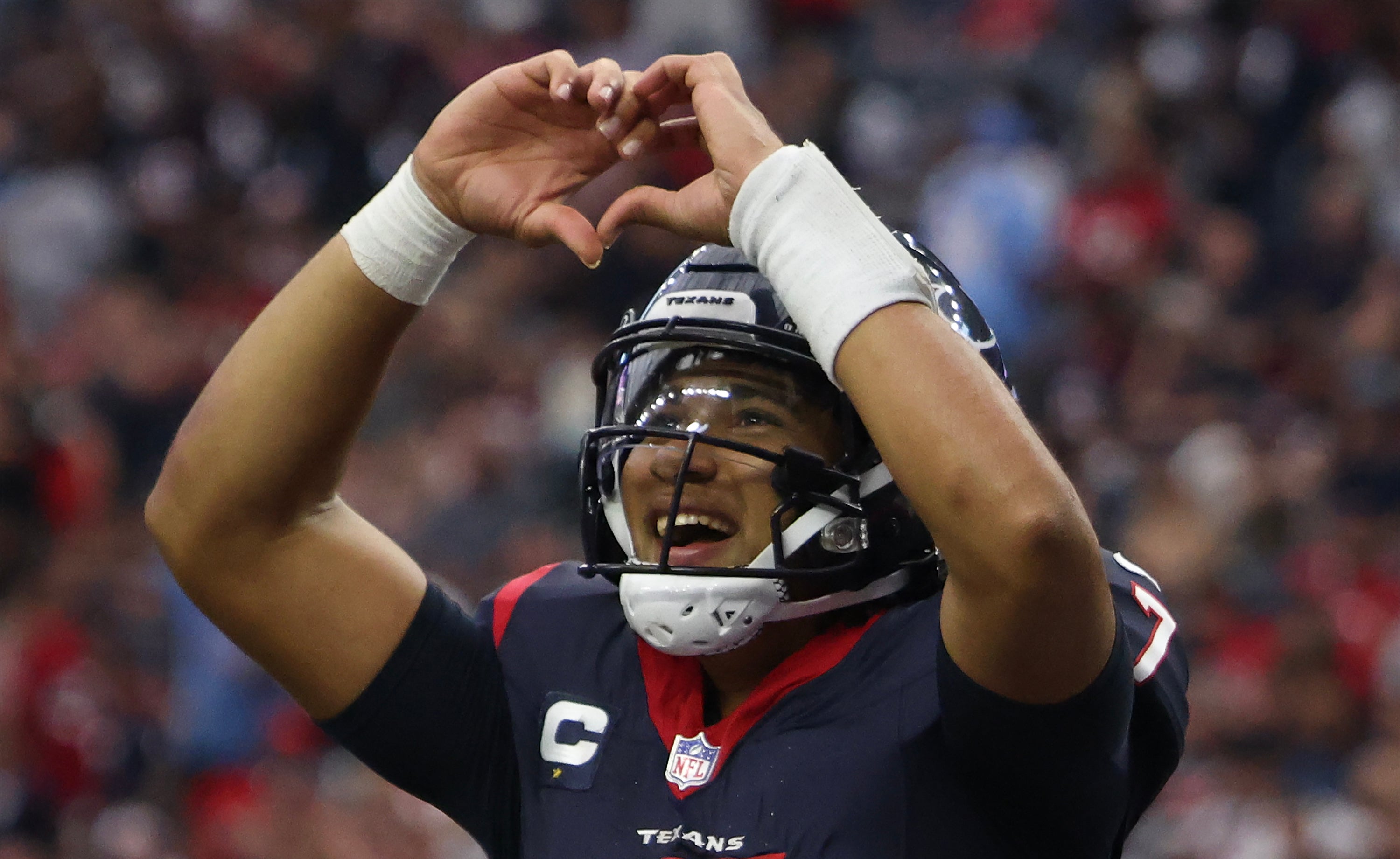 Nov 5, 2023; Houston, Texas, USA; Houston Texans quarterback C.J. Stroud (7) celebrates his touchdown against the Tampa Bay Buccaneers in the fourth quarter at NRG Stadium.