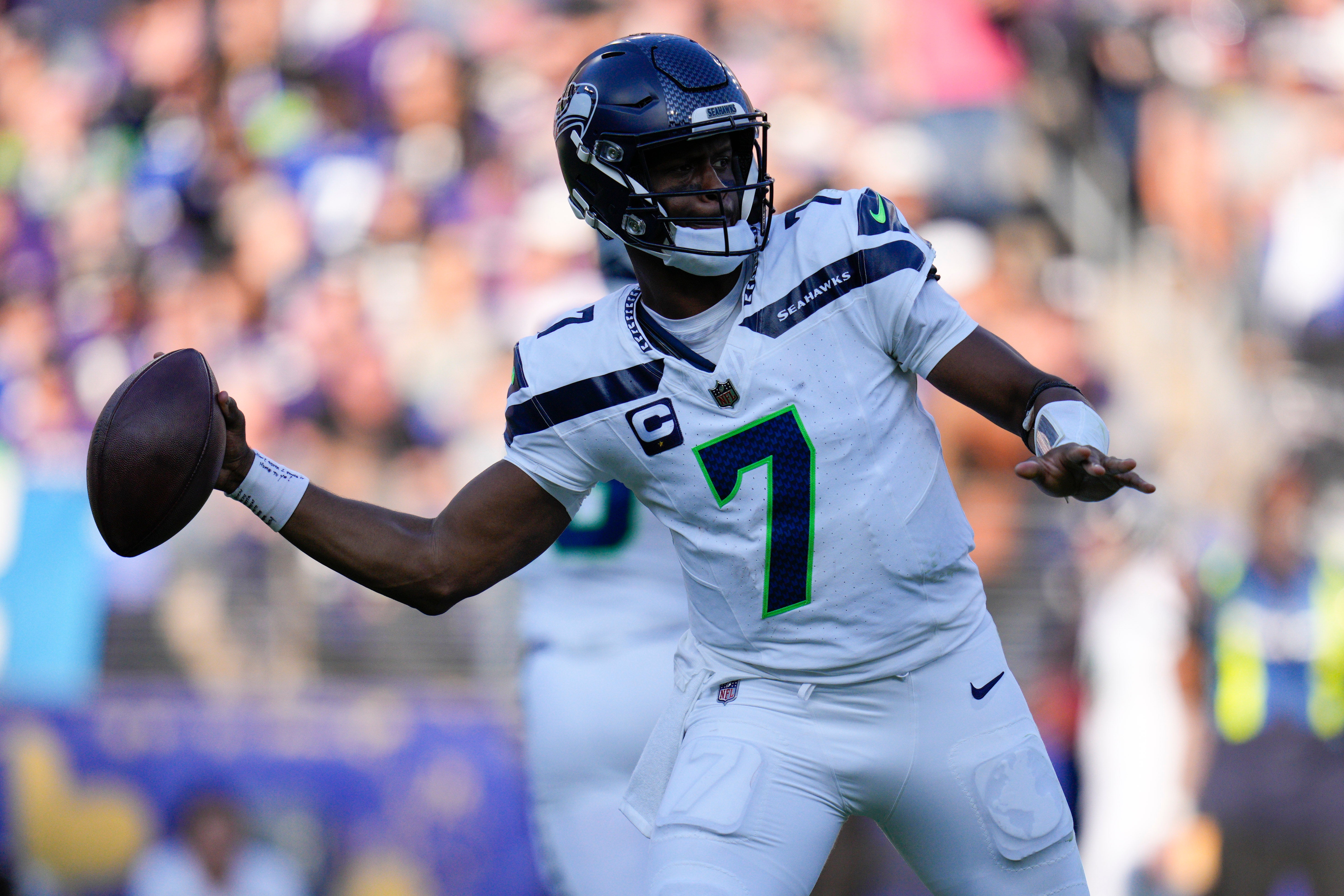 Nov 5, 2023; Baltimore, Maryland, USA; Seattle Seahawks quarterback Geno Smith (7) passes against the Baltimore Ravens during the third quarter at M&T Bank Stadium. Mandatory Credit: Jessica Rapfogel-USA TODAY Sports